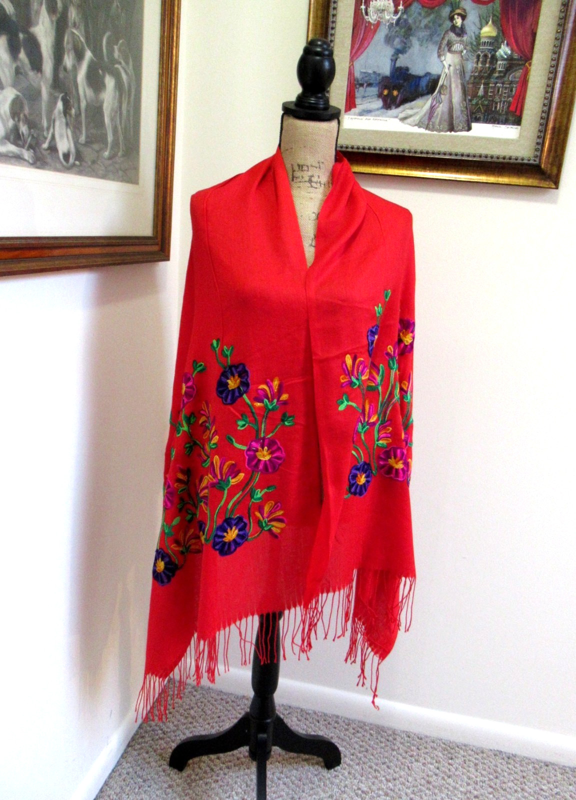 MEXICAN EMBROIDERED SOFT FRINGED SHAWL REBOZO WRAP 76 X 28 – MADE in MEXICO