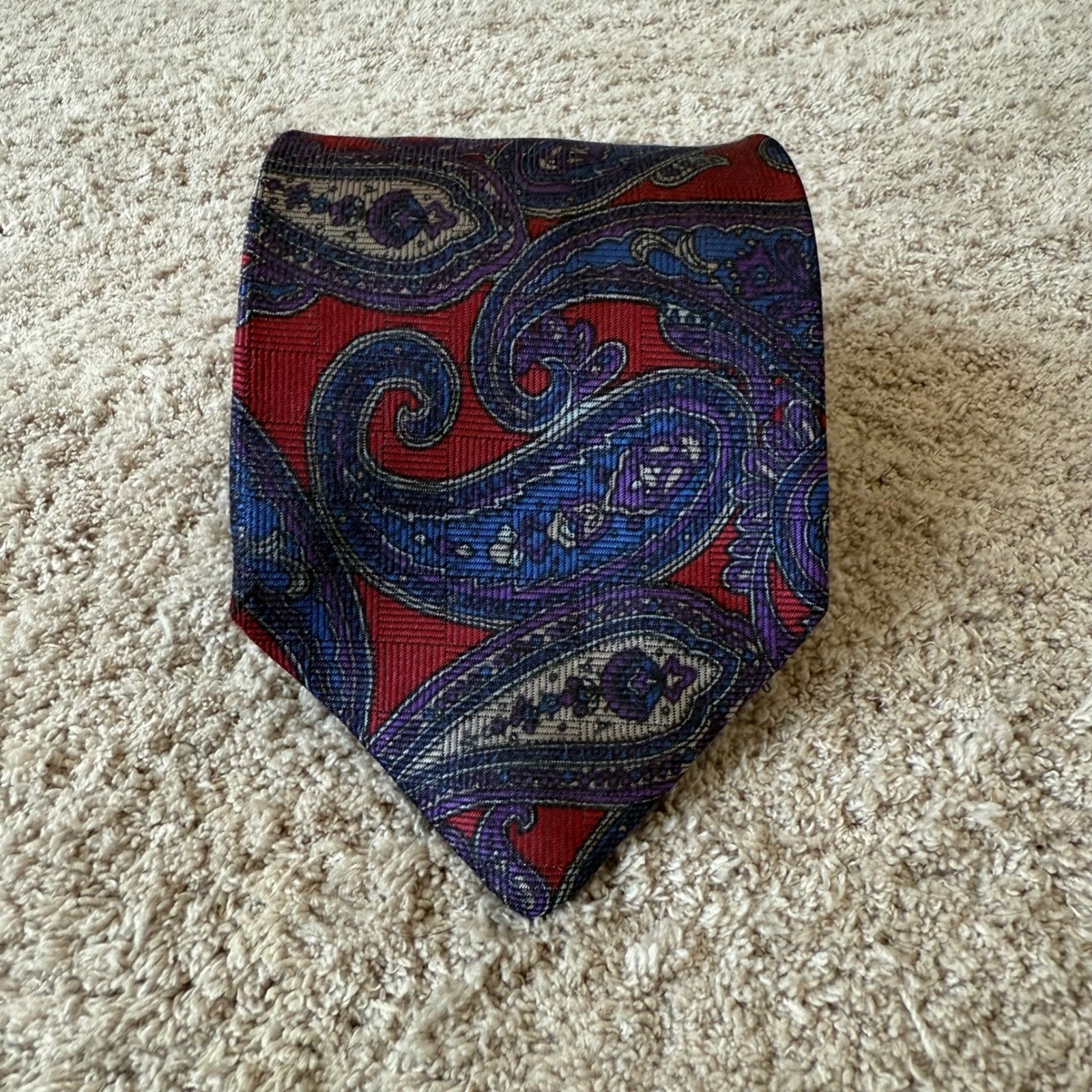 Mens Oversized Paisley Silk Necktie Red Blue Purple Woven Pattern 3.5×60 Tie