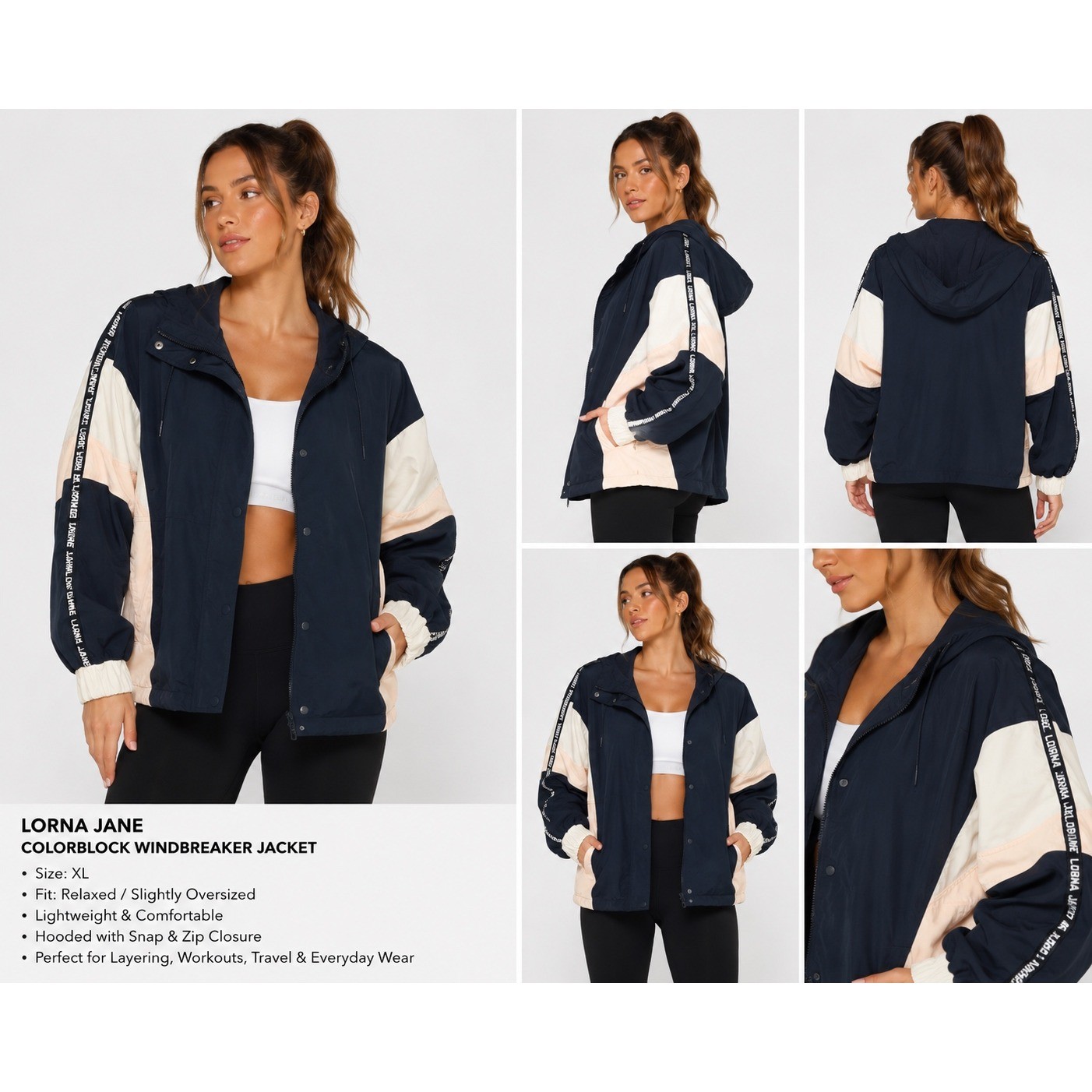 Lorna Jane Flashback Windbreaker Jacket Colorblock Hooded Black Peach New XL