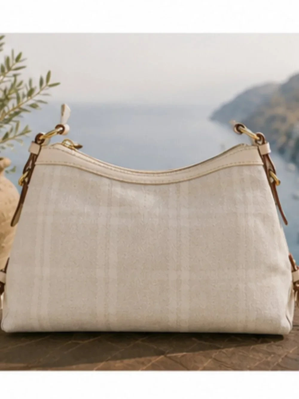 Vintage Dooney & Bourke Ivory Jacquard Shoulder Bag Classic Leather Trim Hobo