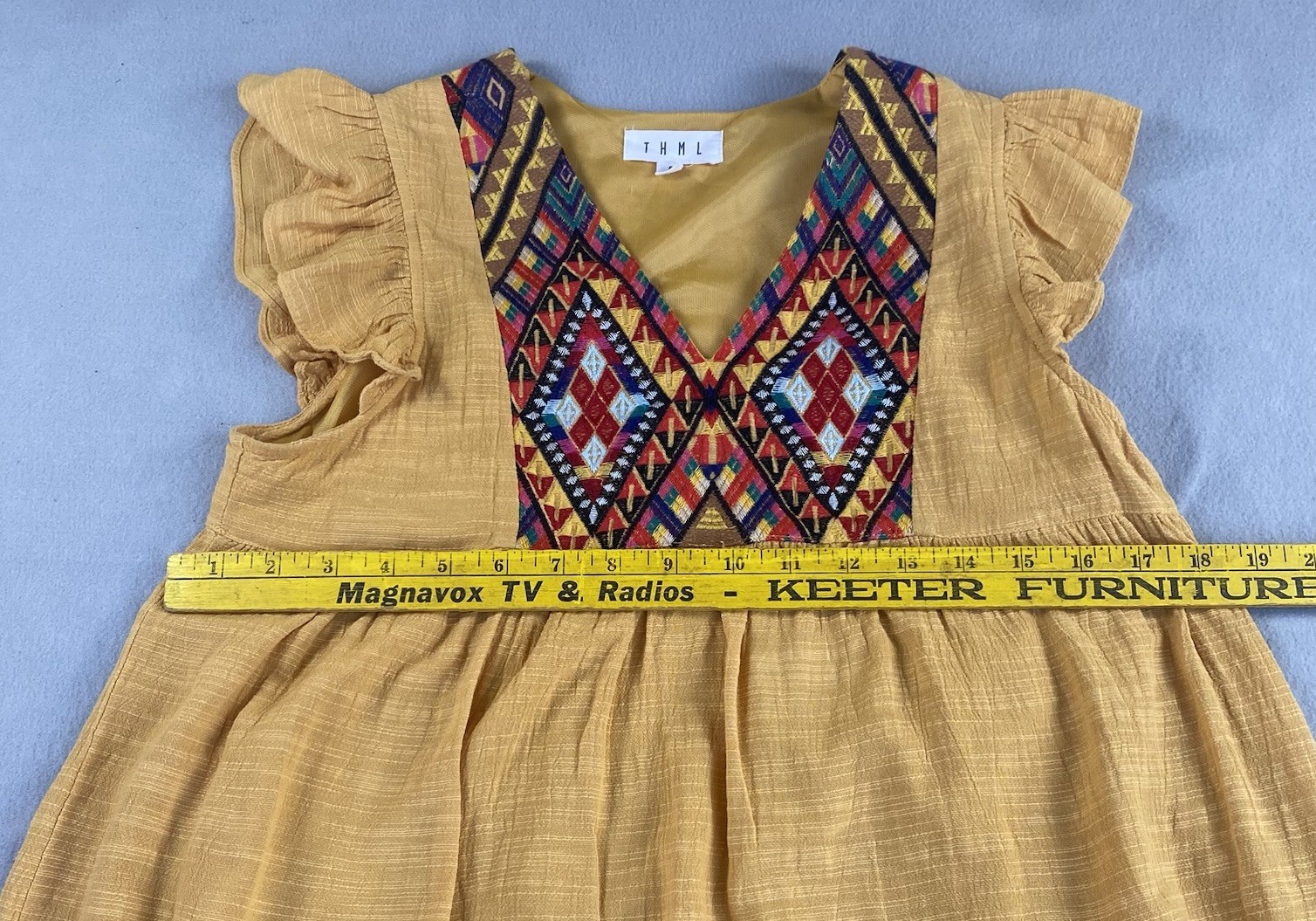 THML Sunflower Yellow Dress Small Aztec Embroidered Yoke Ruffled Cap Sleeves