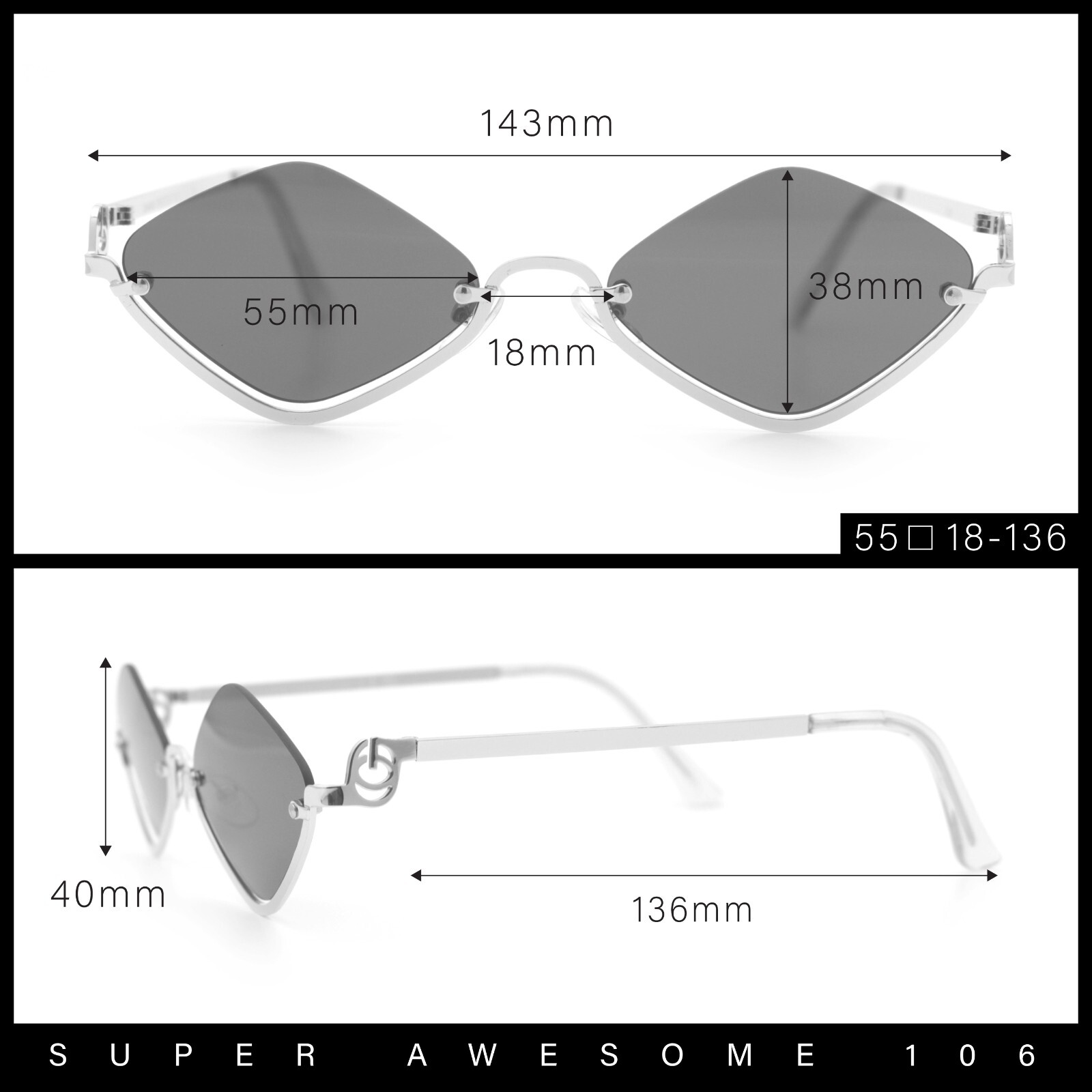 Womens Upside Down Half Rim Diamond Shape Rimless Metal Frame Sunglasses