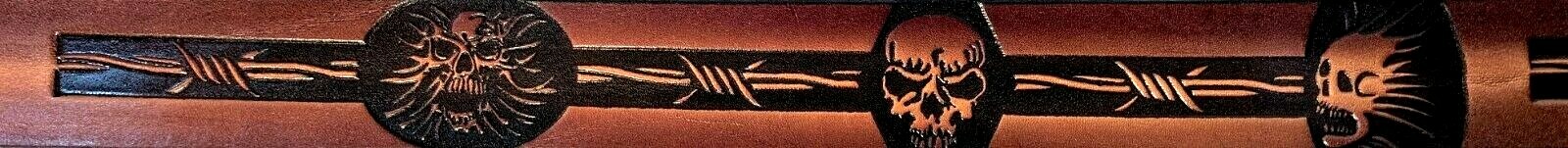 SKULL & BARB WIRE EMBOSSED MOTORCYCLE COWHIDE LEATHER BELT SIZE 26-48 USA MADE