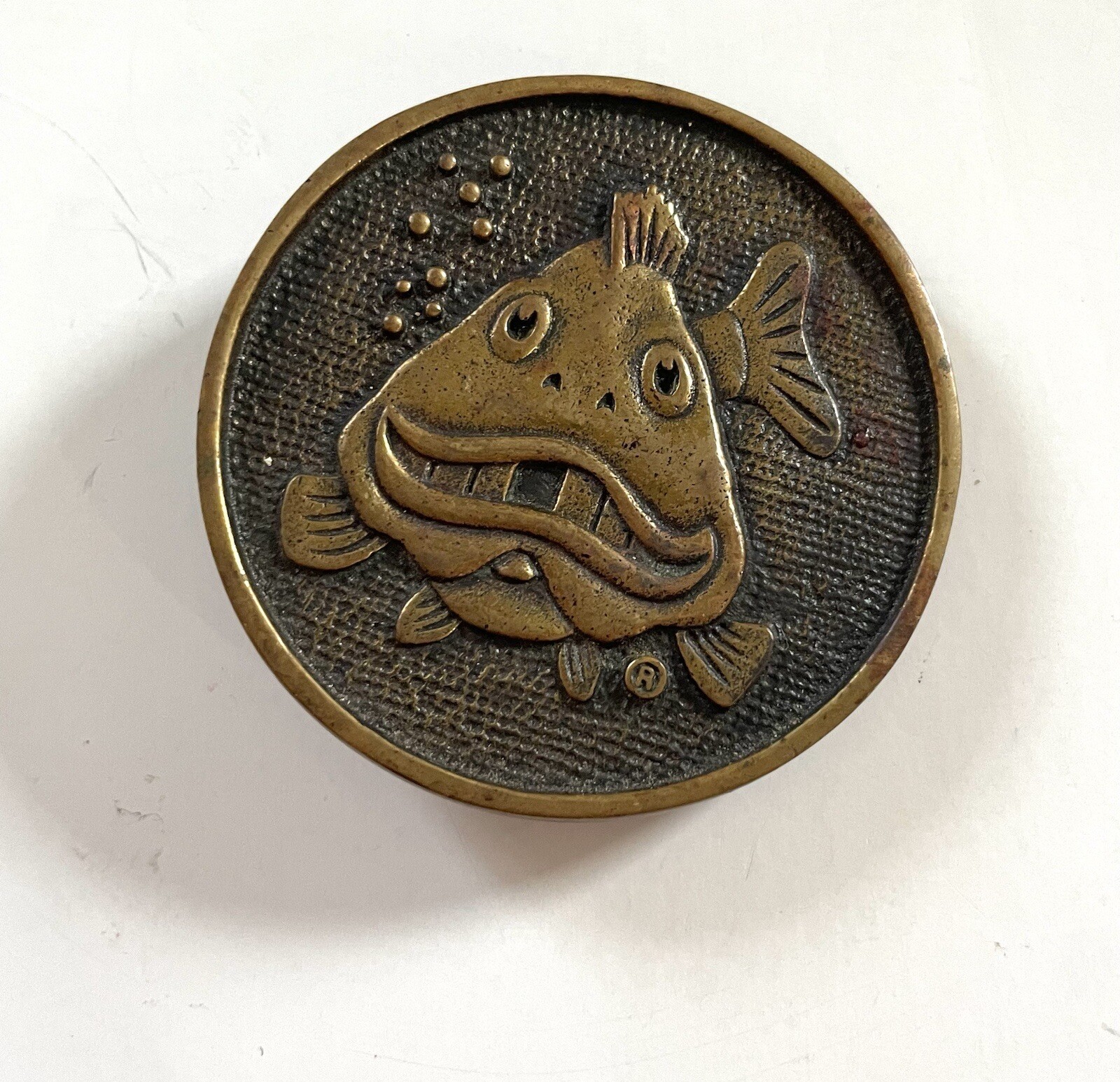 Solid Brass BTS Belt Buckle Smiling Fish 1978 2.25 in