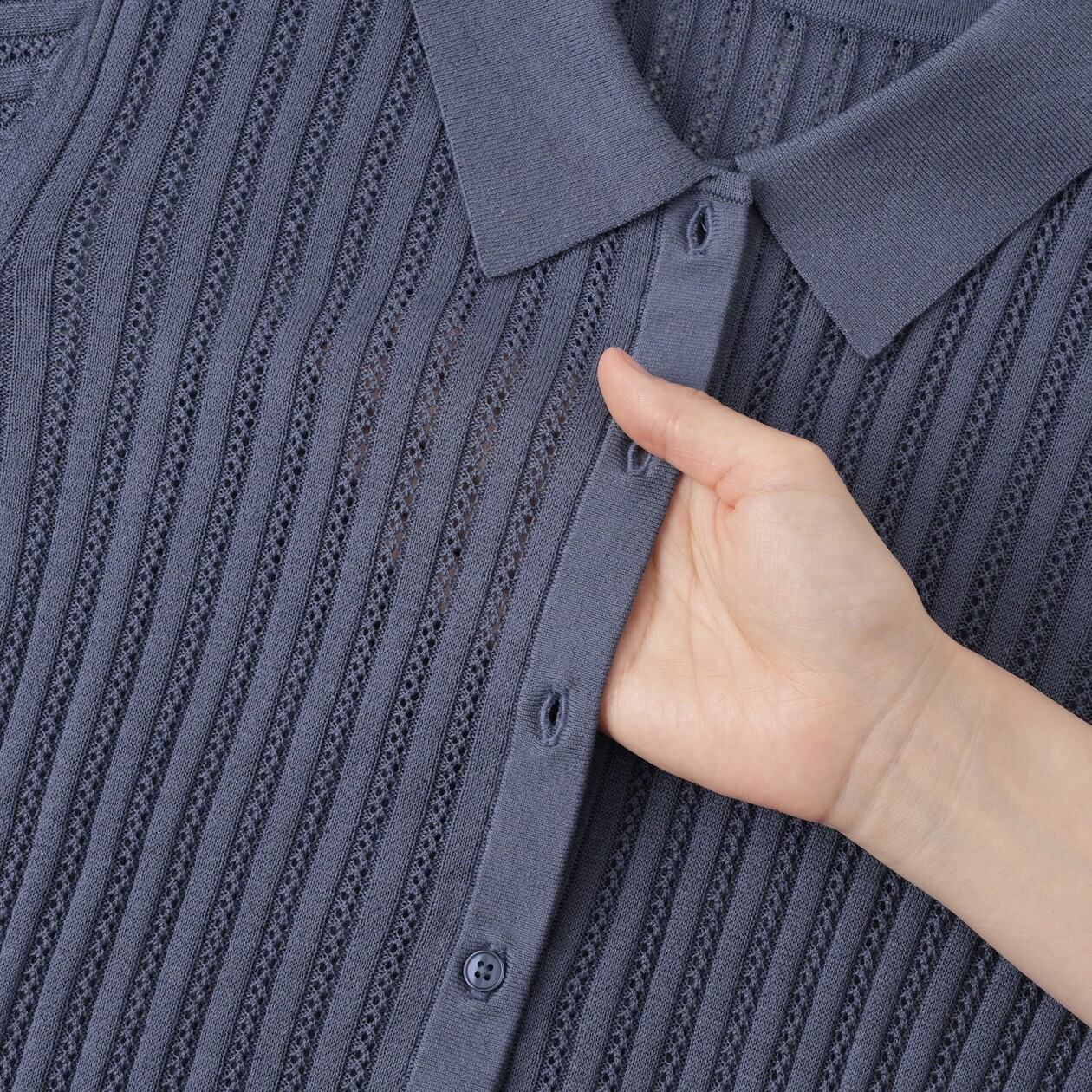 MUJI Smooth Ribbed See-through 1/2 Sleeve Polo Cardigan Smoky Blue FedEx