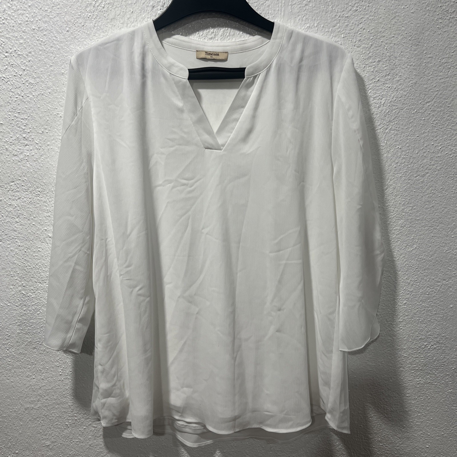 Timeson~ Sheer V Neck White Blouse~Long Sleeved With Roll Up Option~Sz XL
