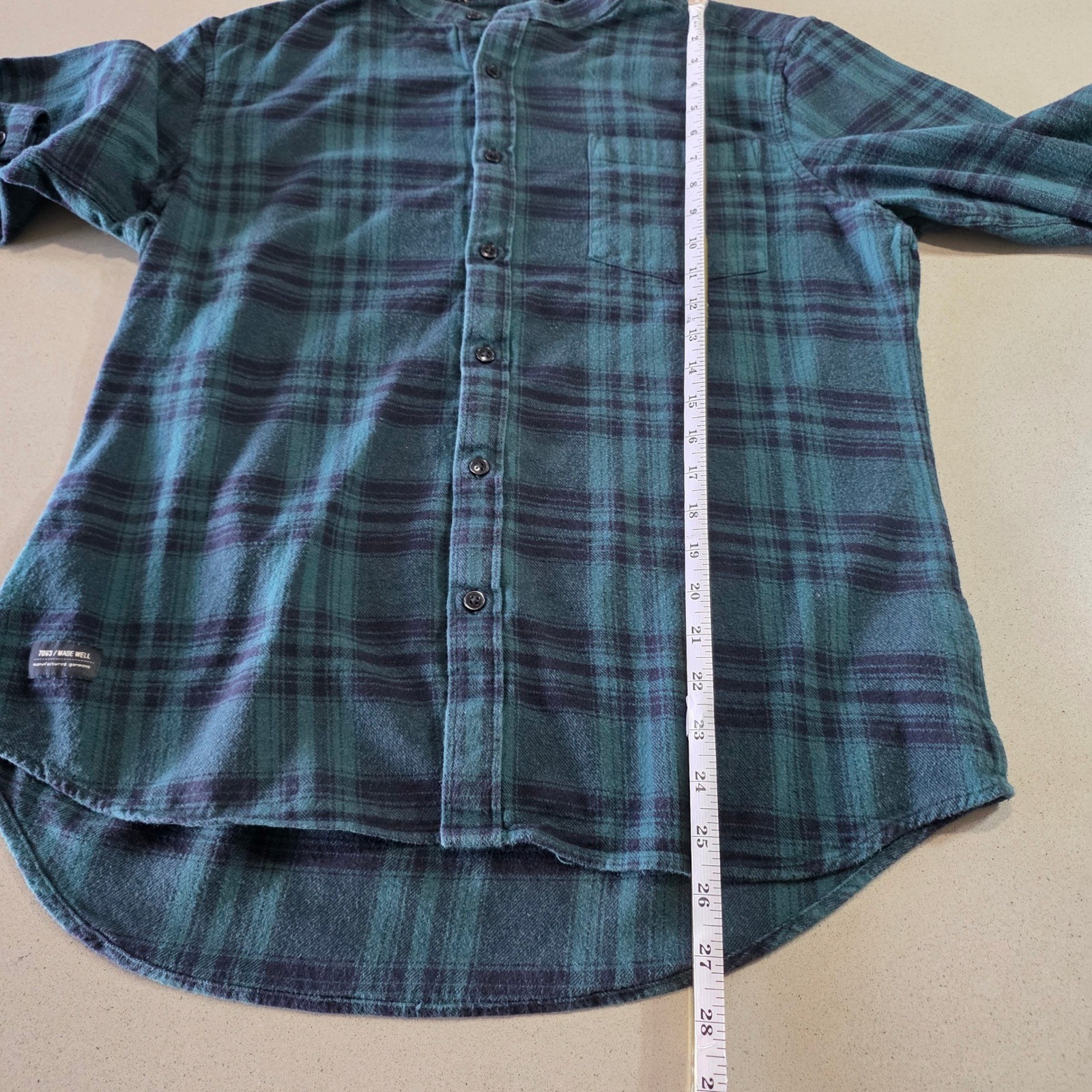 7D63 Made Well Mens Plaid Flannel Band Collar Button Up Shirt Green Black Medium