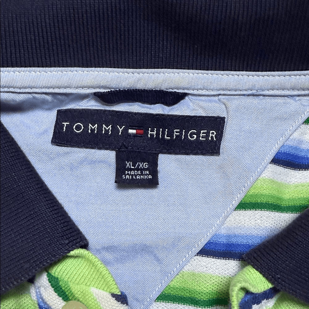 Tommy Hilfiger Striped Polo in Lime Green, Blue & White with Navy Collar