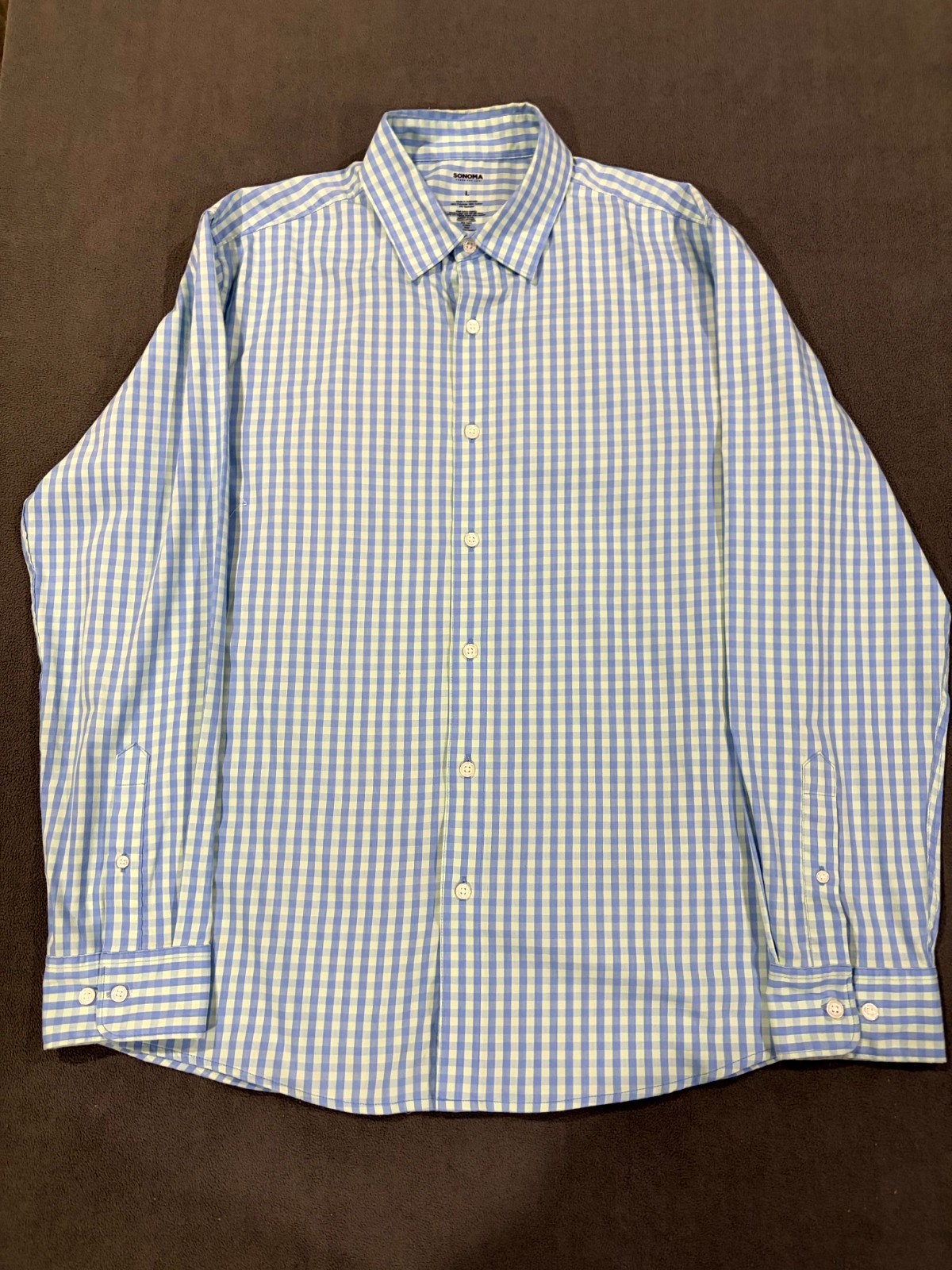 Sonoma Shirt Mens Large Gray Gingham Check Performance Stretch Pleated Button Up