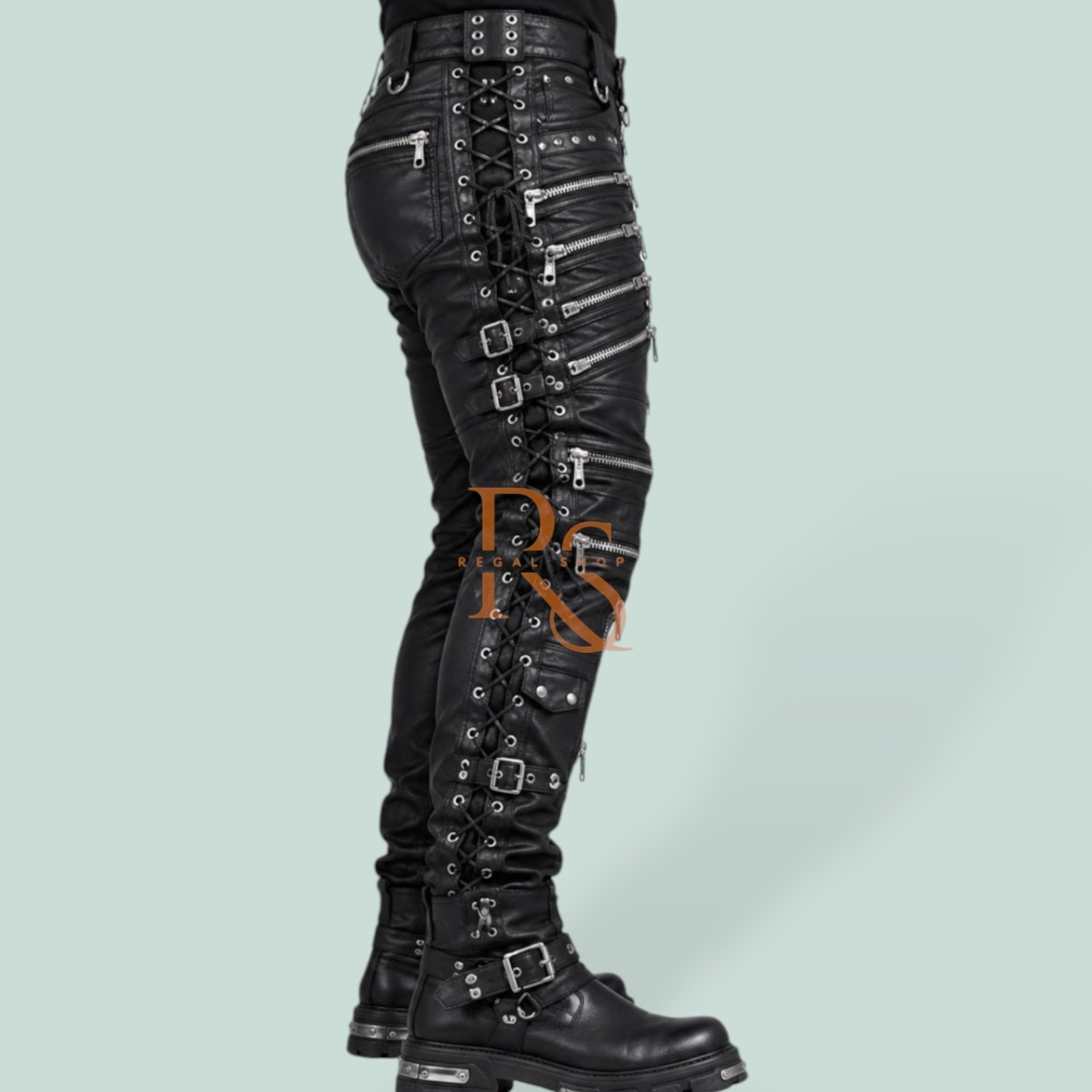 Mens Genuine Lambskin Leather Biker Pants Gothic Punk Zip Buckle Slim Fit Black