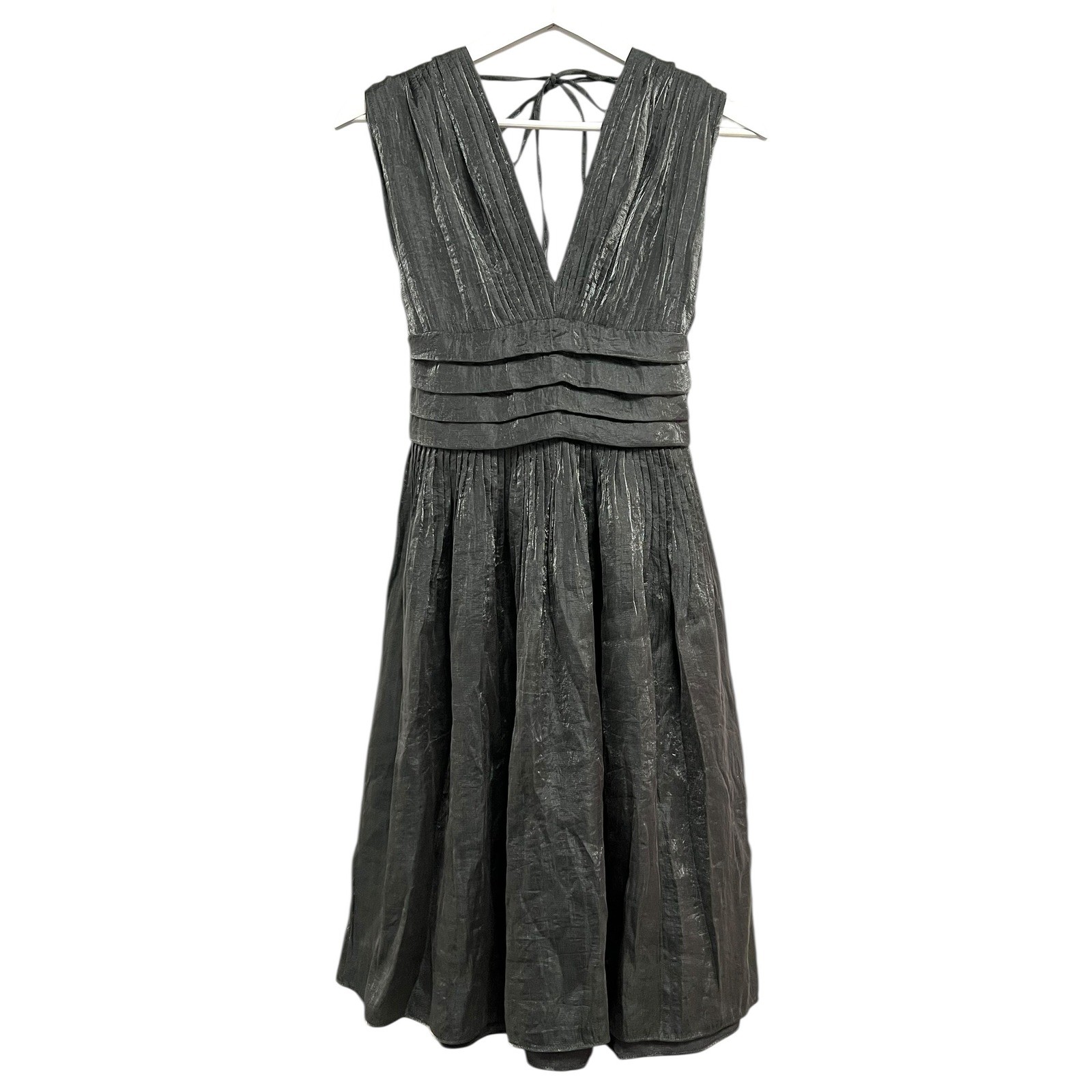 Adrianna Papell Cocktail Dress Womens 4 Dark Silver Metallic Pleated Deep V-Neck