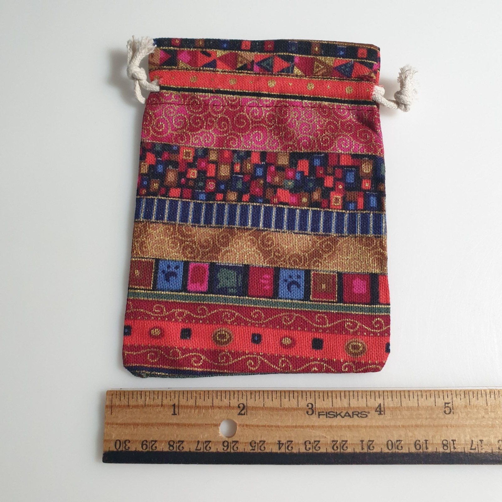 Decorative Drawstring Pouch Set Multicolor Woven Fabric Boho Assorted Patterns
