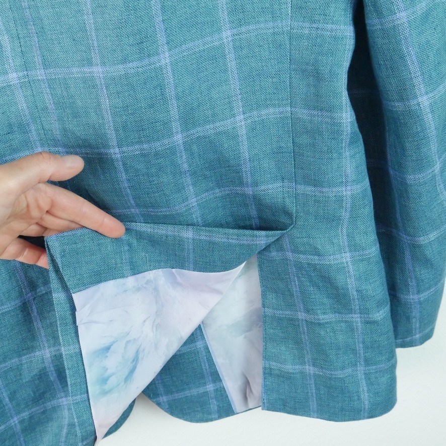 Tallia Men’s 100% Linen Teal Blue Windowpane Plaid Sport Coat Jacket Blazer 40R