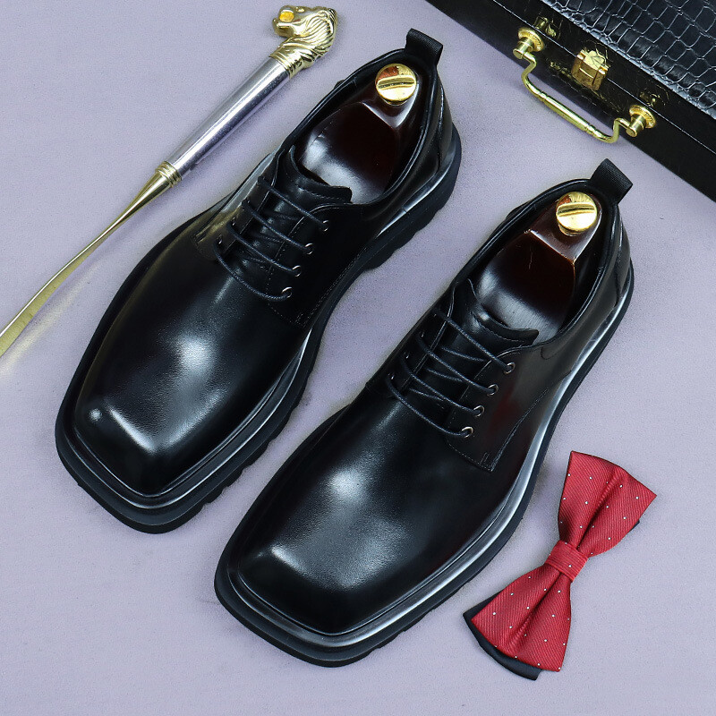 Men’s 100% Real Leather Square Toe Derby Shoes Wedding Platform Business Lace Up