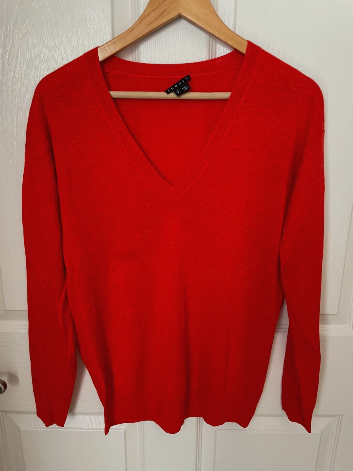 Theory Women’s Size S Orange Red V-Neck Wool Linen Knit Pullover Sweater Top