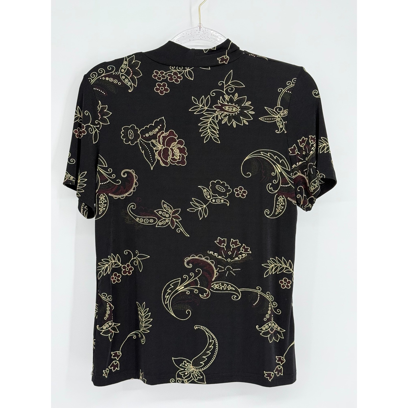 Kathy Ireland Essentials Womens Sz L Black Gold Paisley Floral Mock Neck Top USA