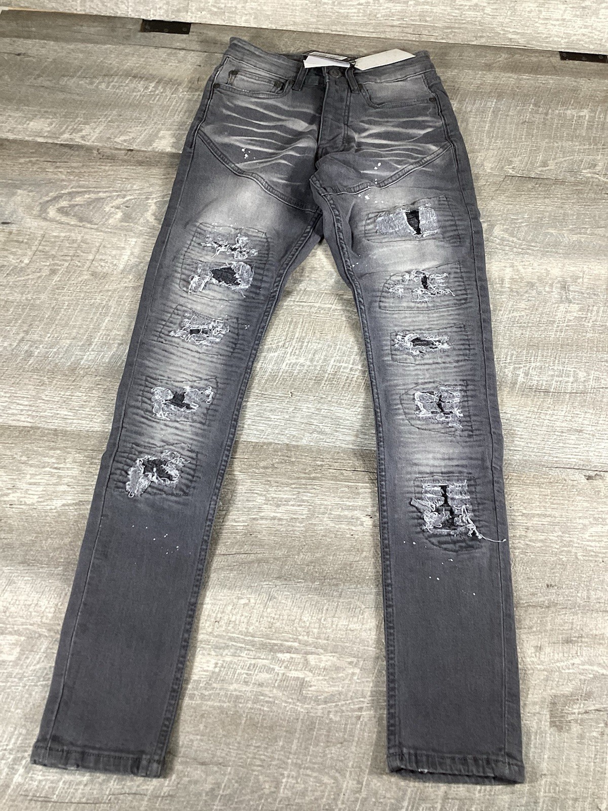 BoohooMAN Super Skinny Biker Jeans Mens 28 Grey Distressed Rip Streetwear NWT