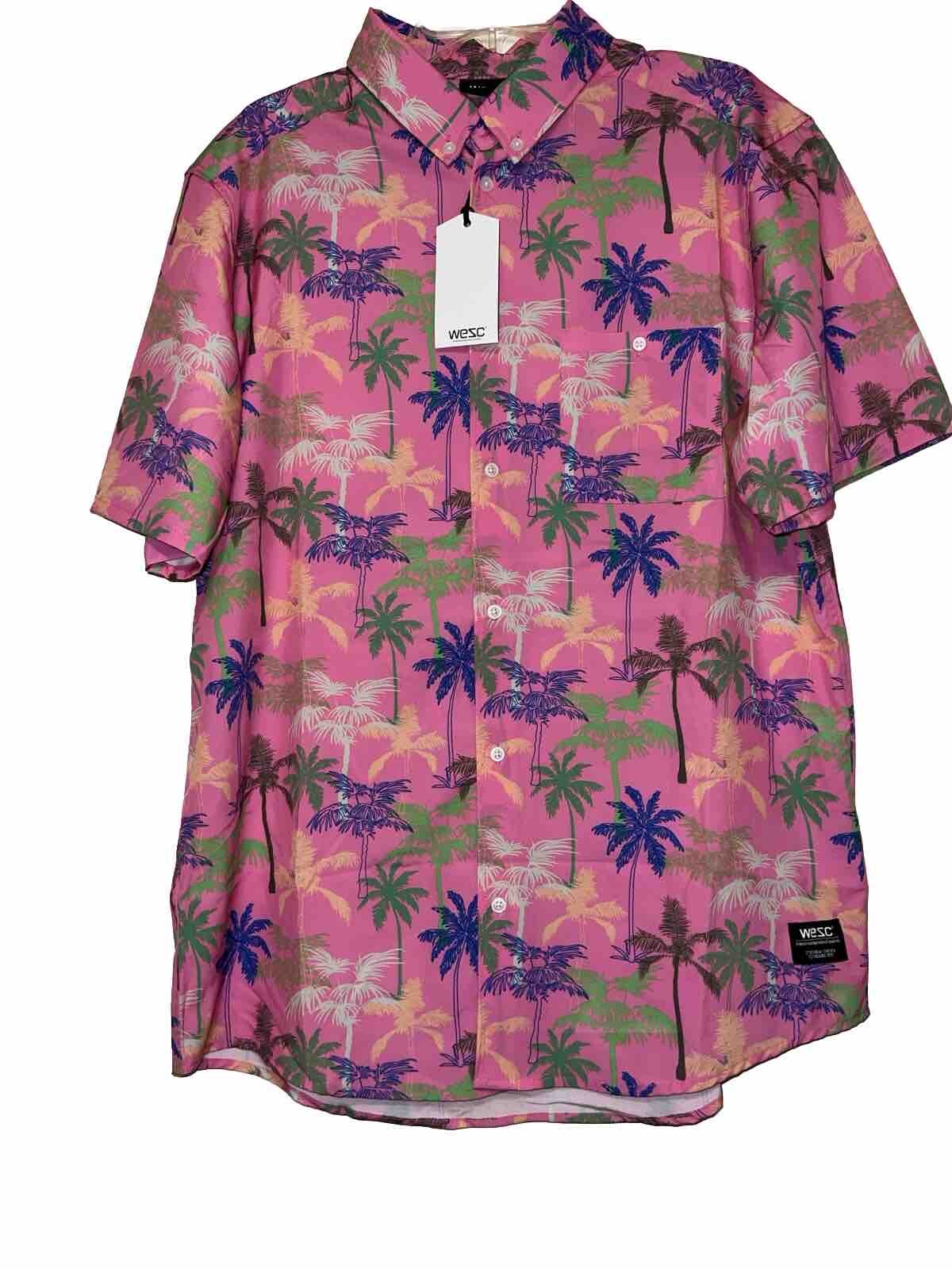 NWT WeSC Pink Tropical Hawaiian Button Up Quick Dry Shirt Men’s Sz L, Wmn’s XL