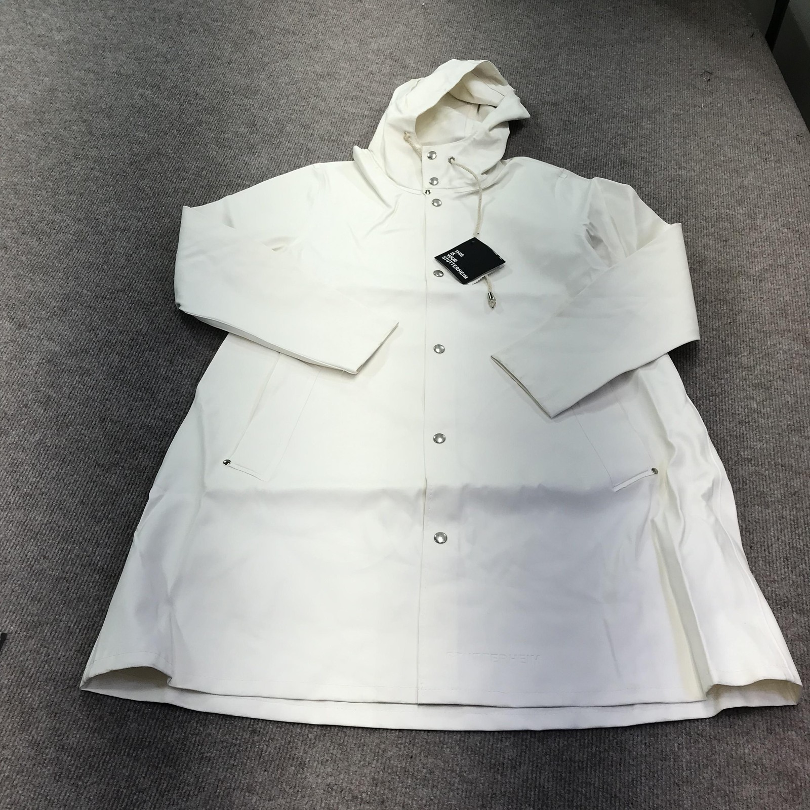 Stutterheim Raincoat Womens XS White Hooded Long Waterproof Jacket Coat