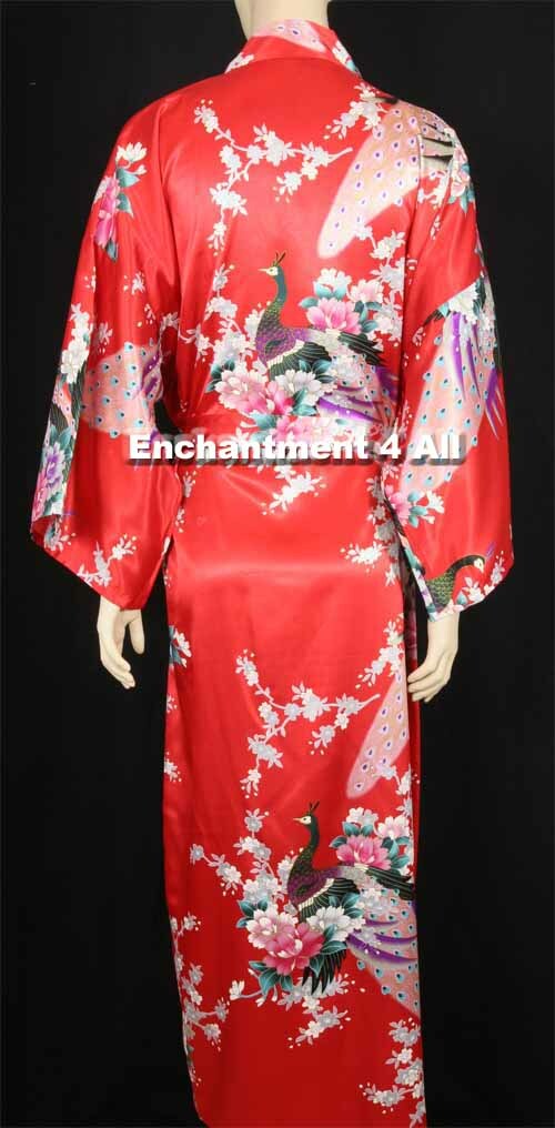 Elegant Peacock Silk Satin Kimono Robe Sleepwear Long w/ Waist Tie, Red