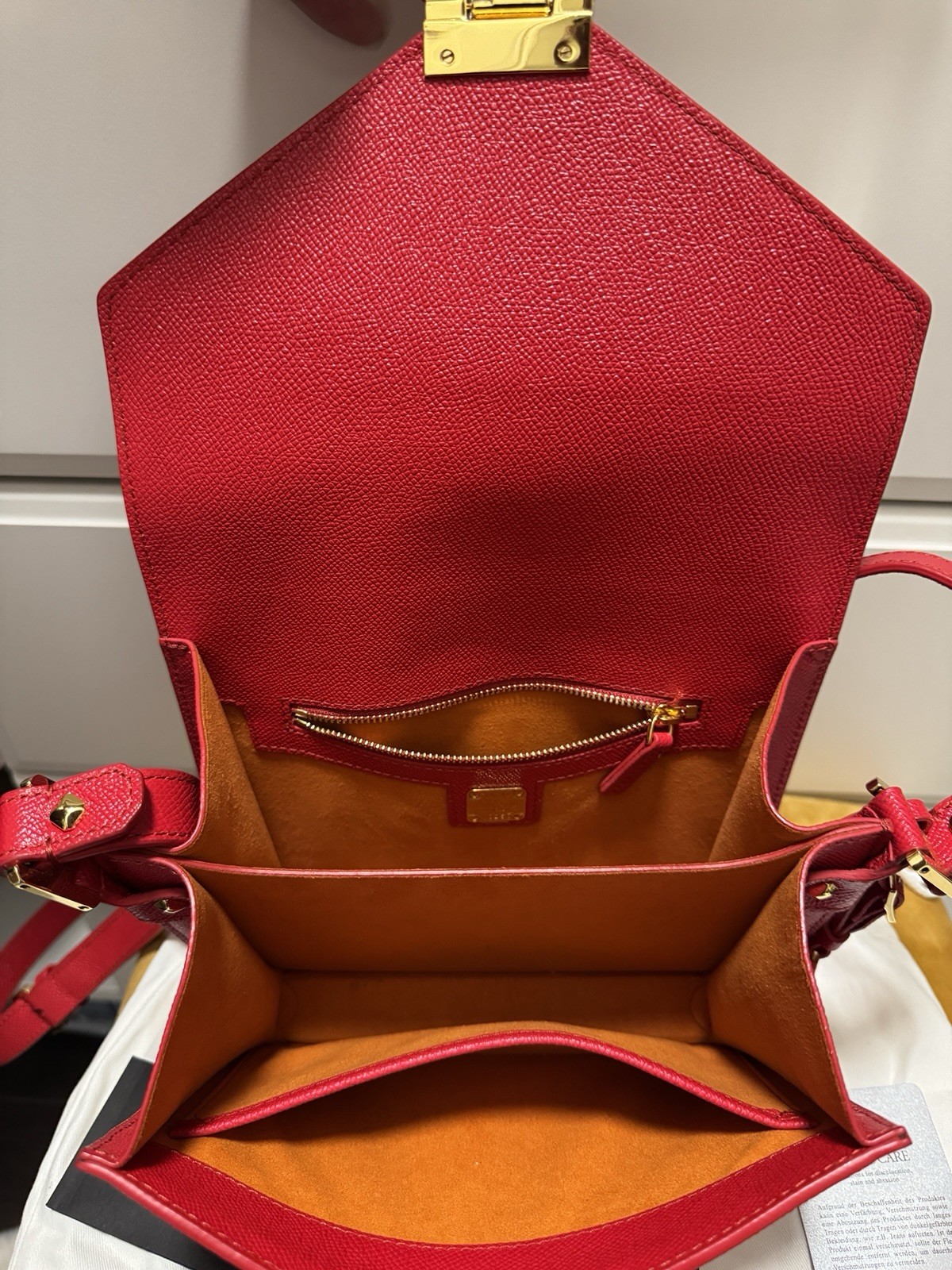MCM Red Small Patricia Crossbody Bag Gold Hardware Push Lock Dust Bag Card