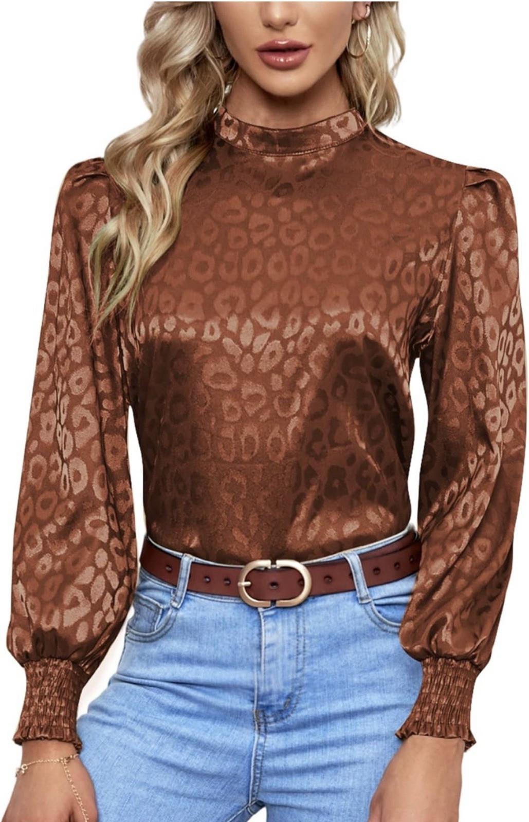 Lyaner NWOT Brown Satin Mock Neck Puff Sleeve Blouse XL Leopard Jacquard
