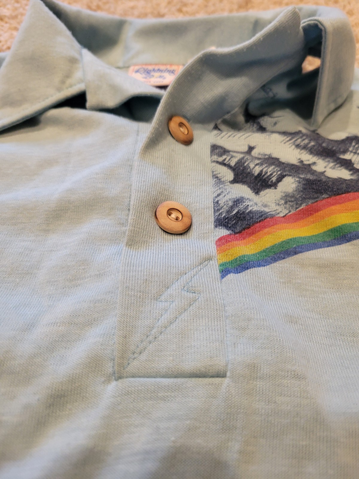 VTG 70s Lightning Bolt Polo Shirt Surfer Waves Wood Button Blue Surf Sz Xs*