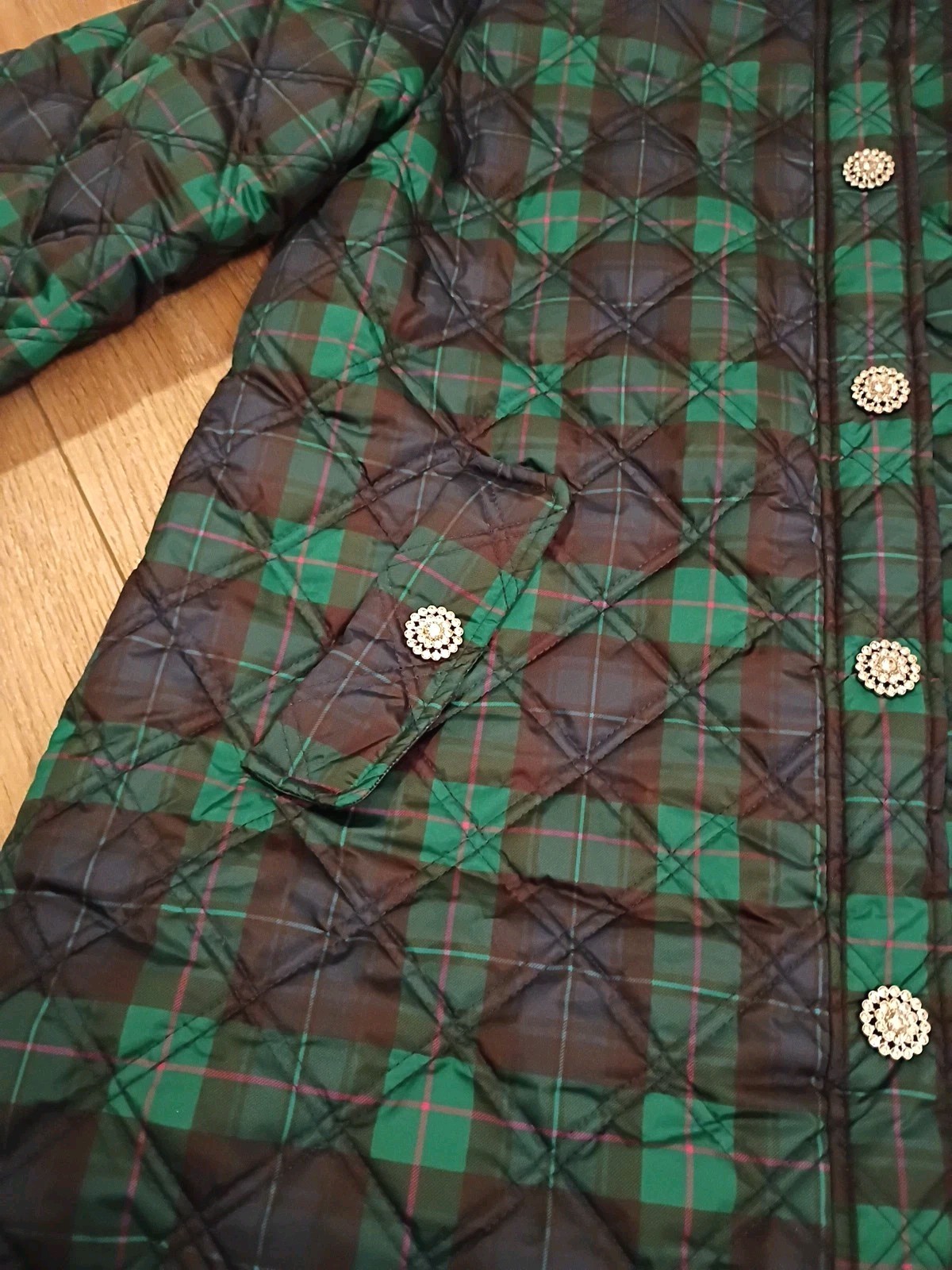 Crown & Ivy Navy Green Plaid Quilted Jacket Bling Rhinestone Button Snaps Sz M