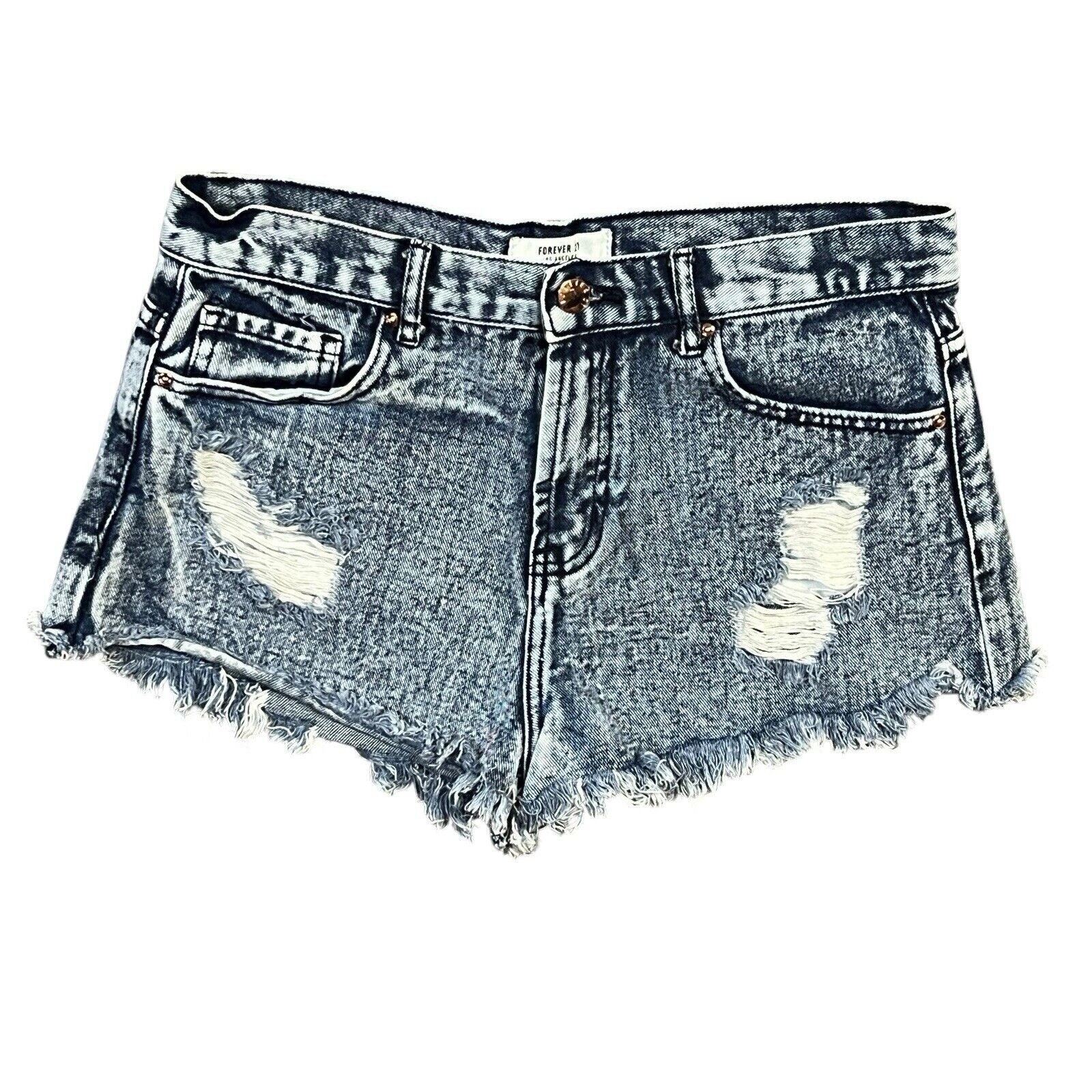 FOREVER 21 Denim Jean Shorts Blue Acid Wash Distressed Fringe Frayed Size 28