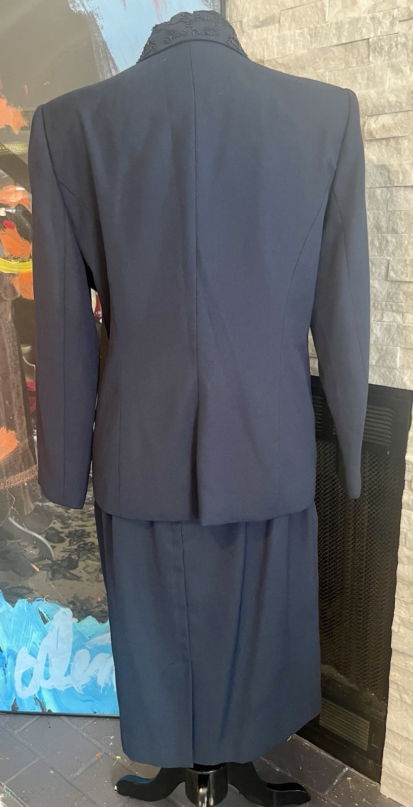 Morgan Miller Navy Blue Black Beaded Detail Skirt Suit Set Special Size 16