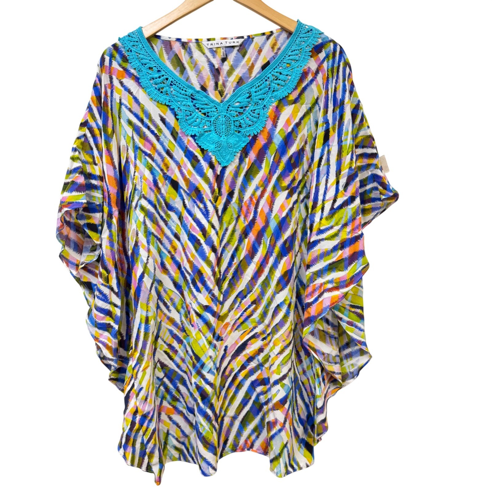 Trina Turk 100% Silk Caftan Top 4 Batwing Multicolor Crochet Trim Boho Resort