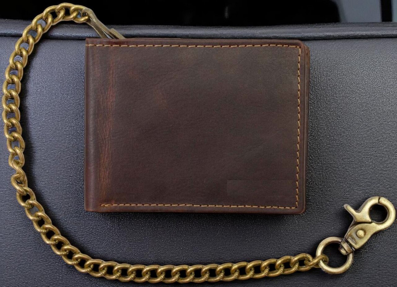 Men’s Genuine Hunter Leather Biker Long Chain Wallet with RFID Blocking Bifold