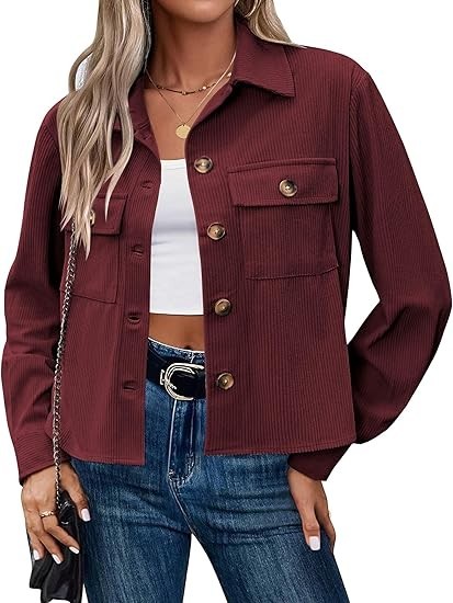 Womens Fashion Cropped Corduroy Shacket Button Down Fall Long Sleeve Top