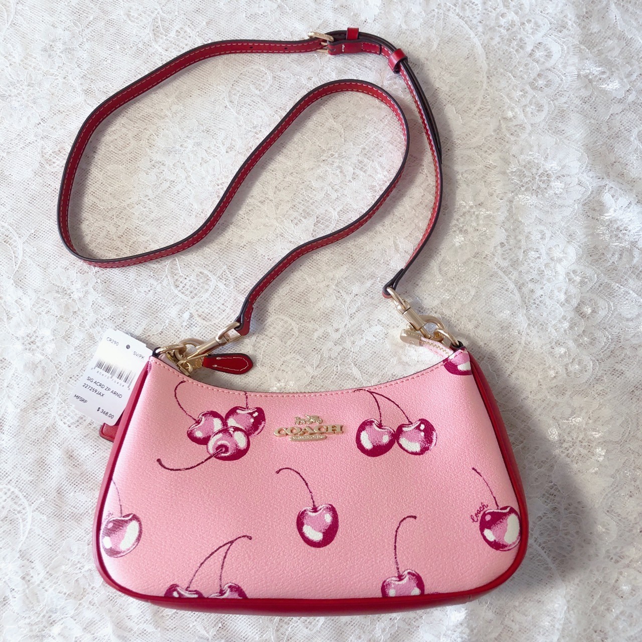 COACH Teri 2way Shoulder Bag Pink Canvas Leather Cherry Print CR290 Outlet New