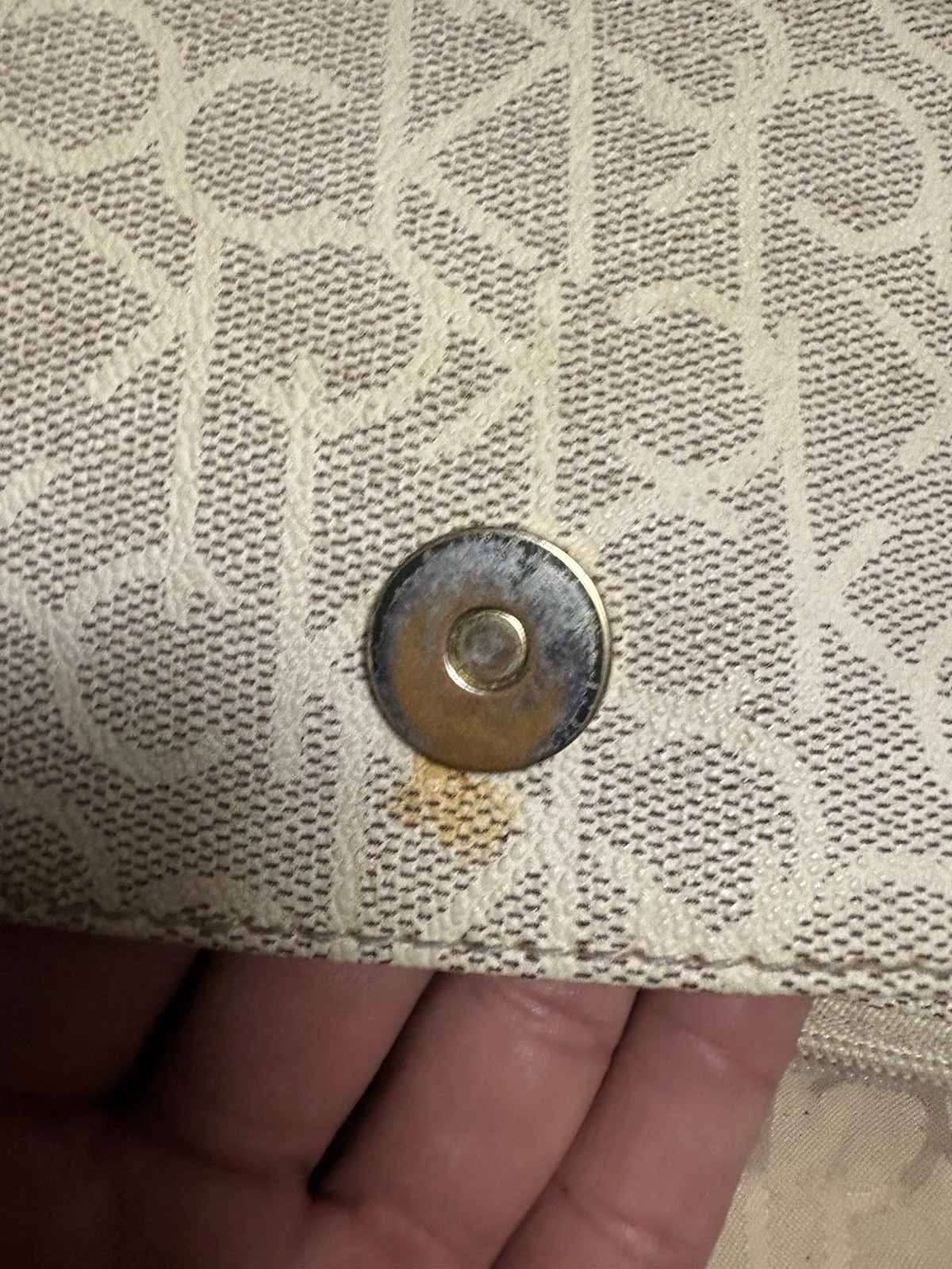 Calvin Klein Beige Monogram Logo Small Crossbody Bag Brown Strap Gold Hardware
