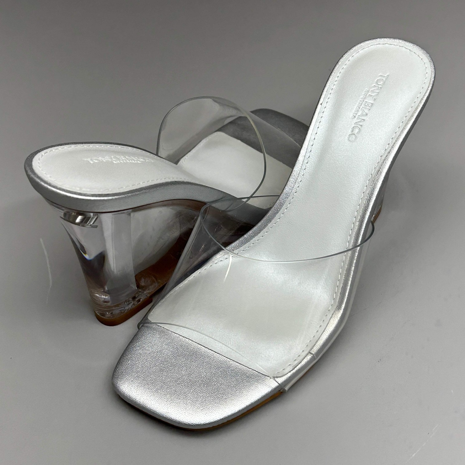 TONY BIANCO Alessi Clear Vinylite/Silver Wedges Women’s Heels Sz 7 (New)
