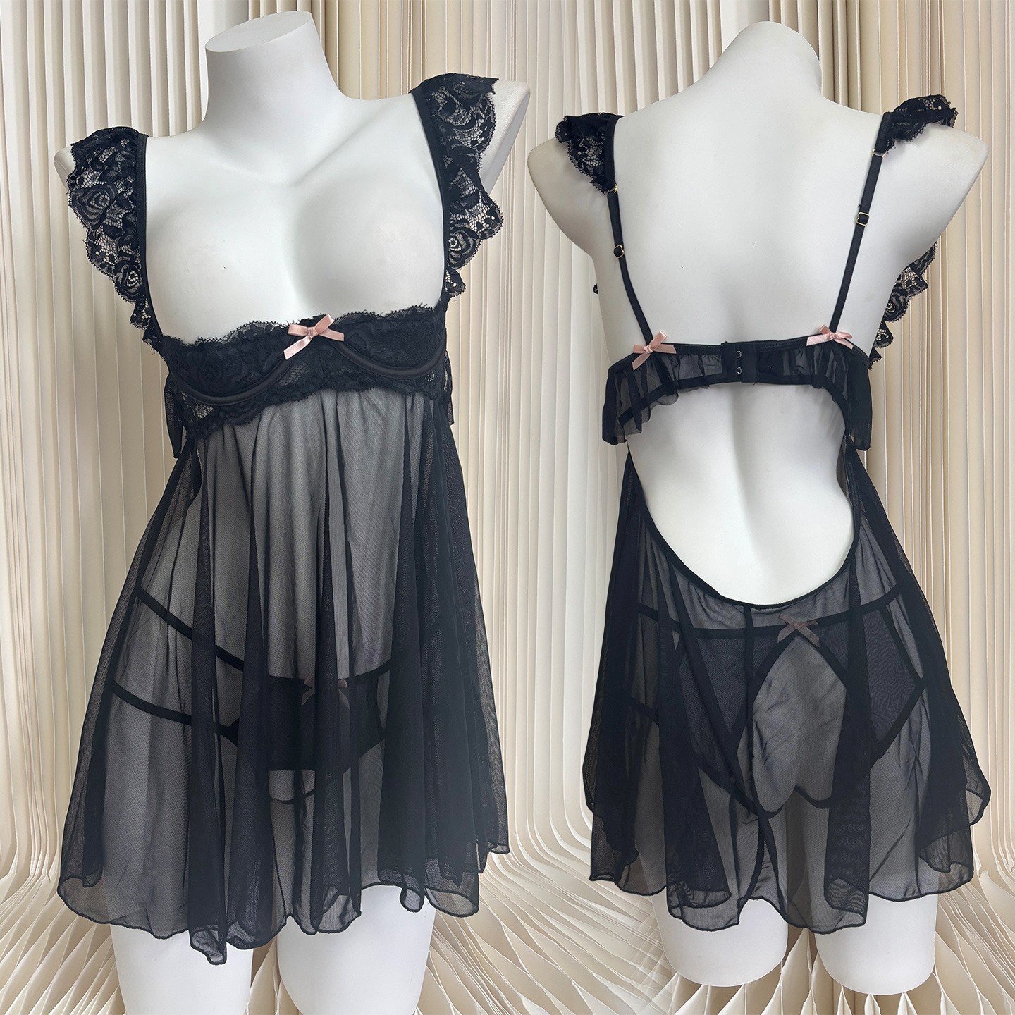 Sexy Lingerie Lace Open Bust Back Babydoll Wire PushUp Crotchless Panties Sheer