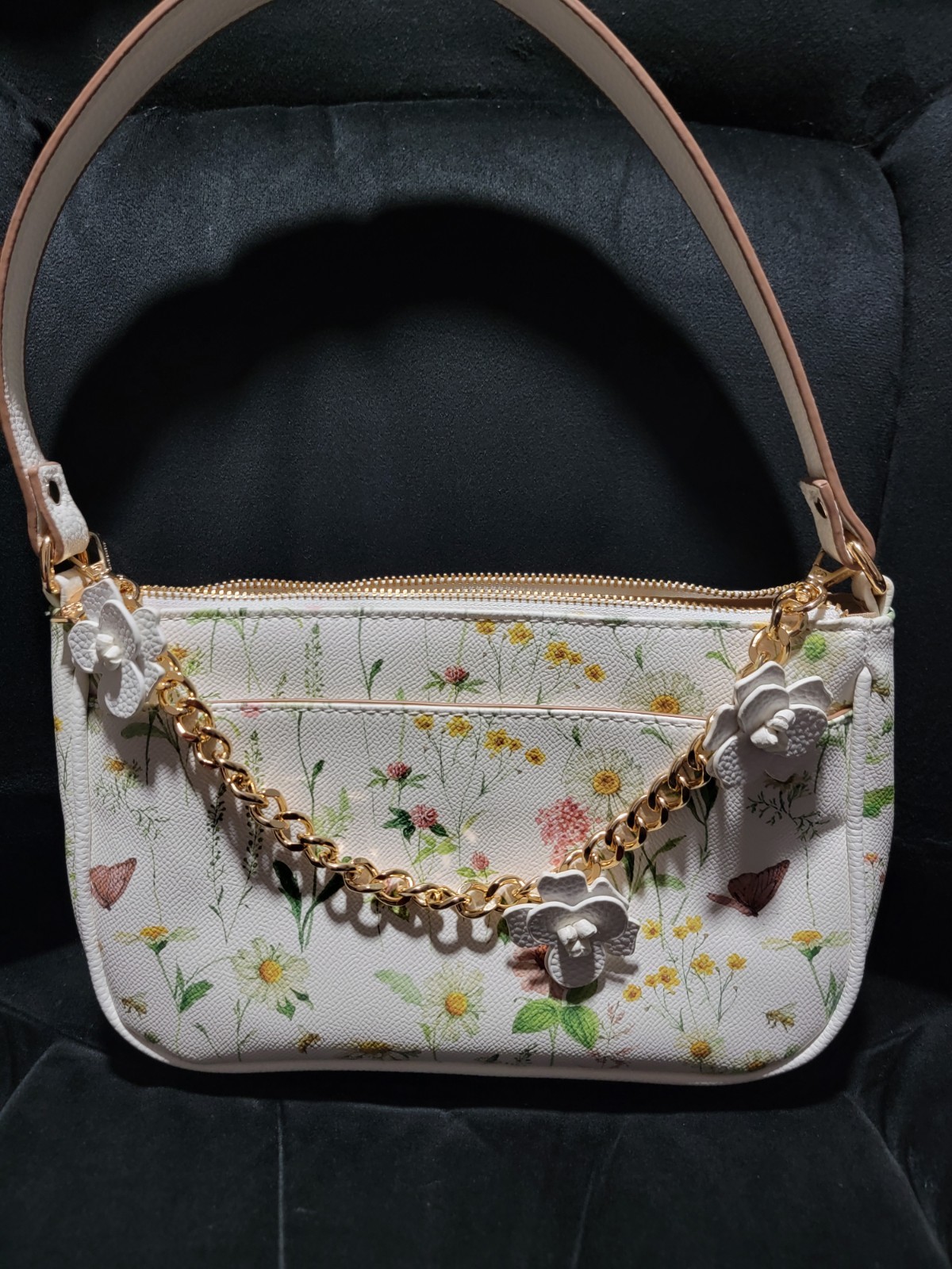 Nanette Lepore Small White Floral Shoulder Bag Gold Chain Zip, Detachable Strap