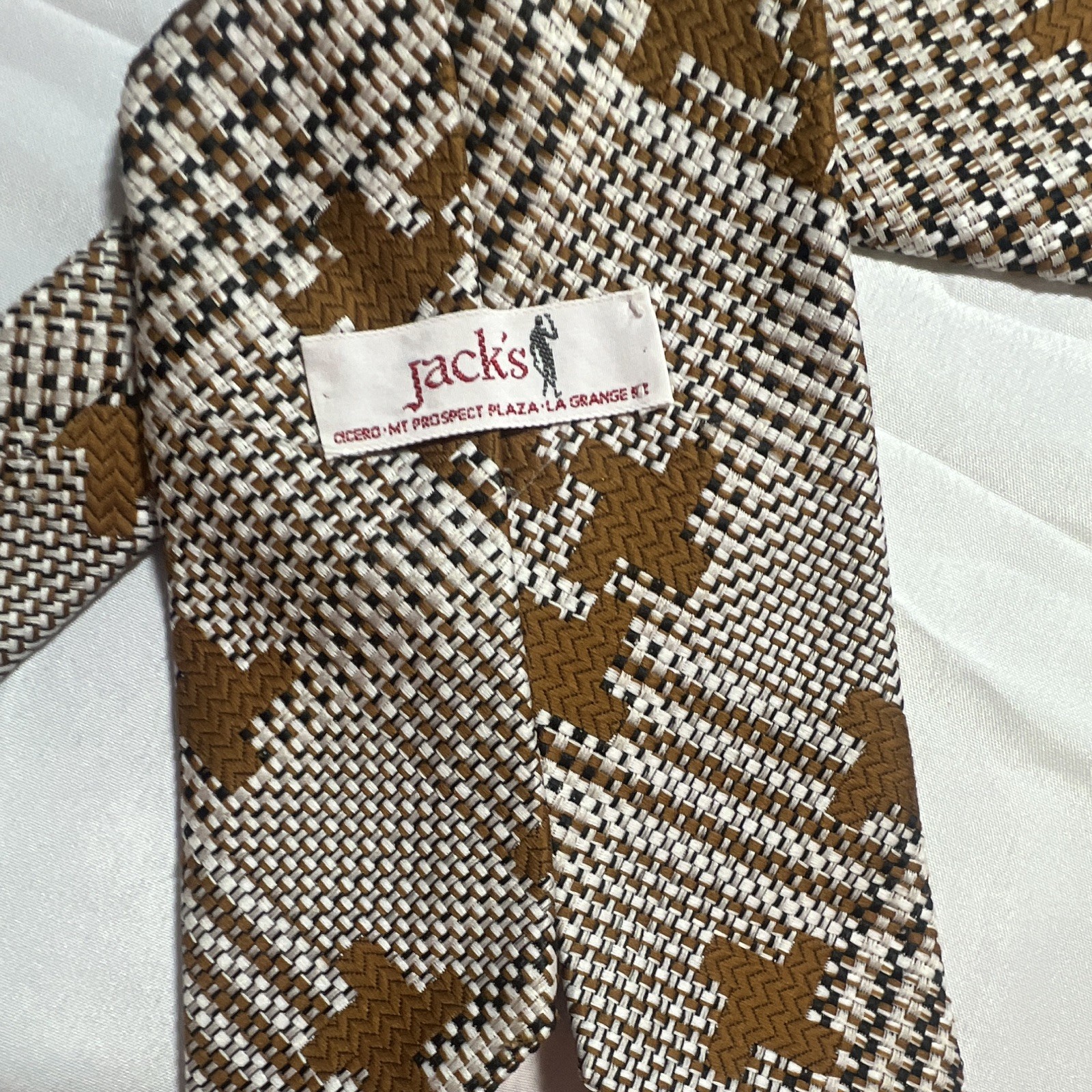 Jack’s Men’s Brown White Black Plaid Woven Nylon Pointed Tie