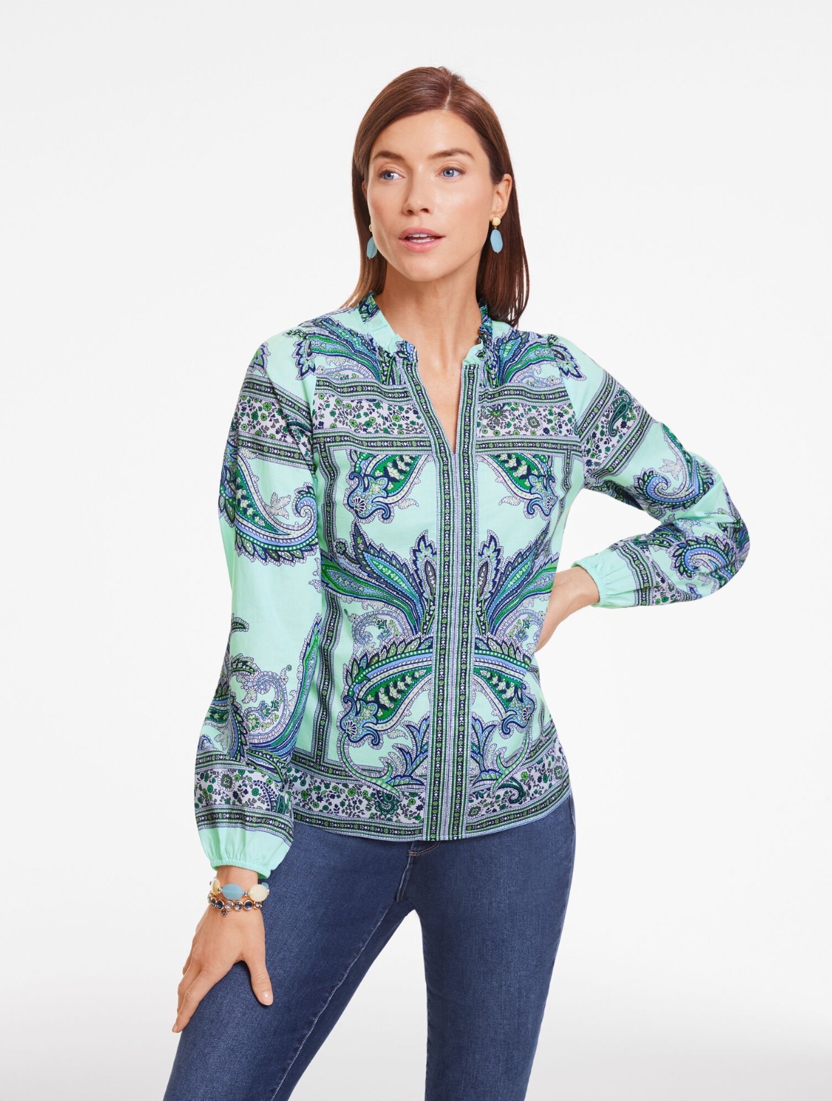 Ruffle Neck Top – Floral Paisley at Talbots NWT $109, color IVORY MULTI