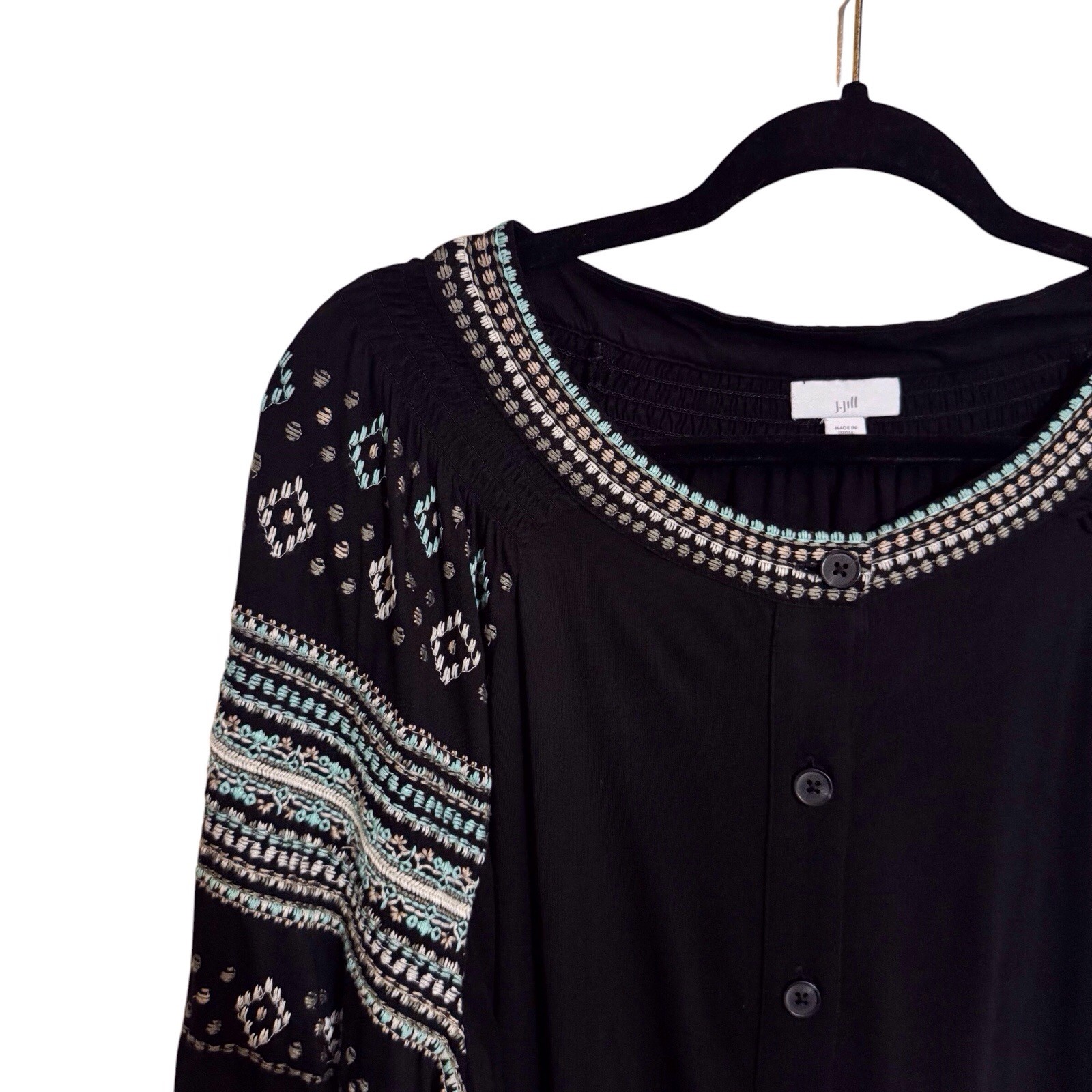 J. Jill Large Petite Black Embroidered Button Up Top Boho Beach Long Sleeve