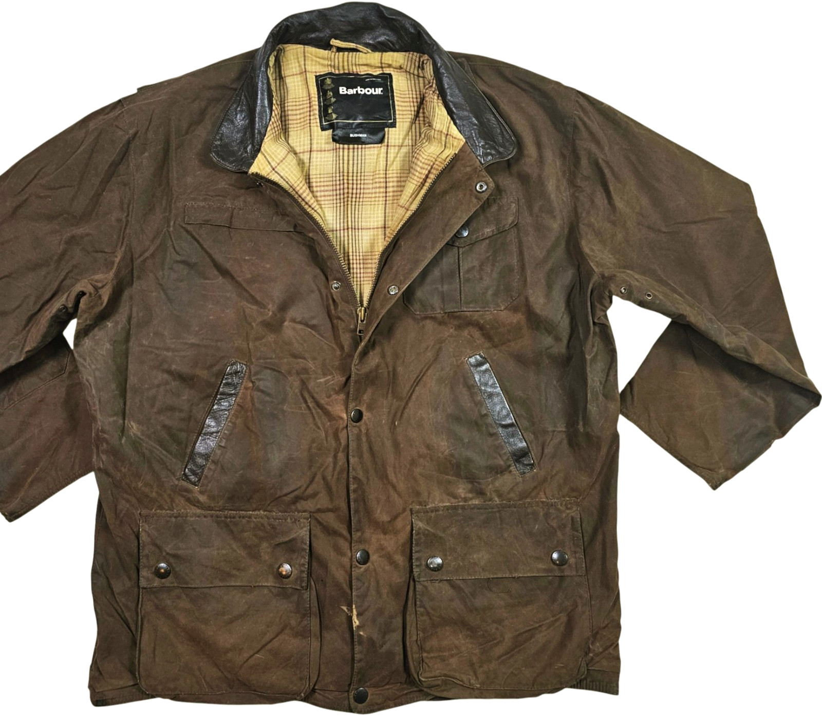 HOT Men’s BARBOUR @ BUSHMAN PARKA LEATHER Collar LINED BROWN BR71 WAXED Jacket L
