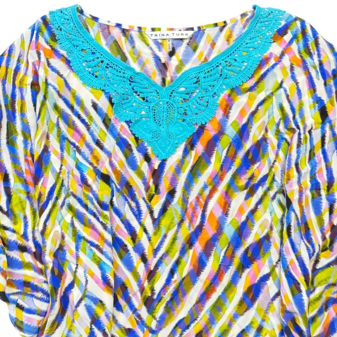 Trina Turk 100% Silk Caftan Top 4 Batwing Multicolor Crochet Trim Boho Resort