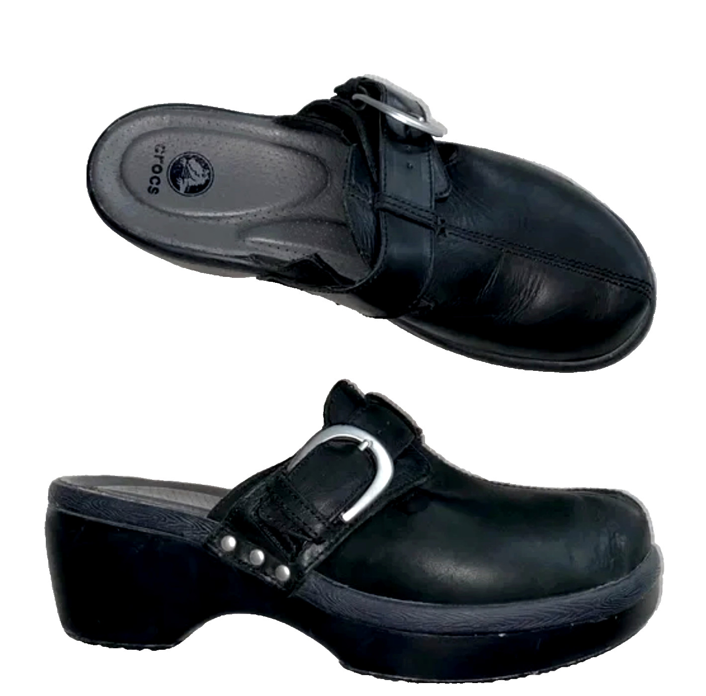 Crocs Sz 9 M Black Leather Buckle Studs Platform Clogs Heels Shoes