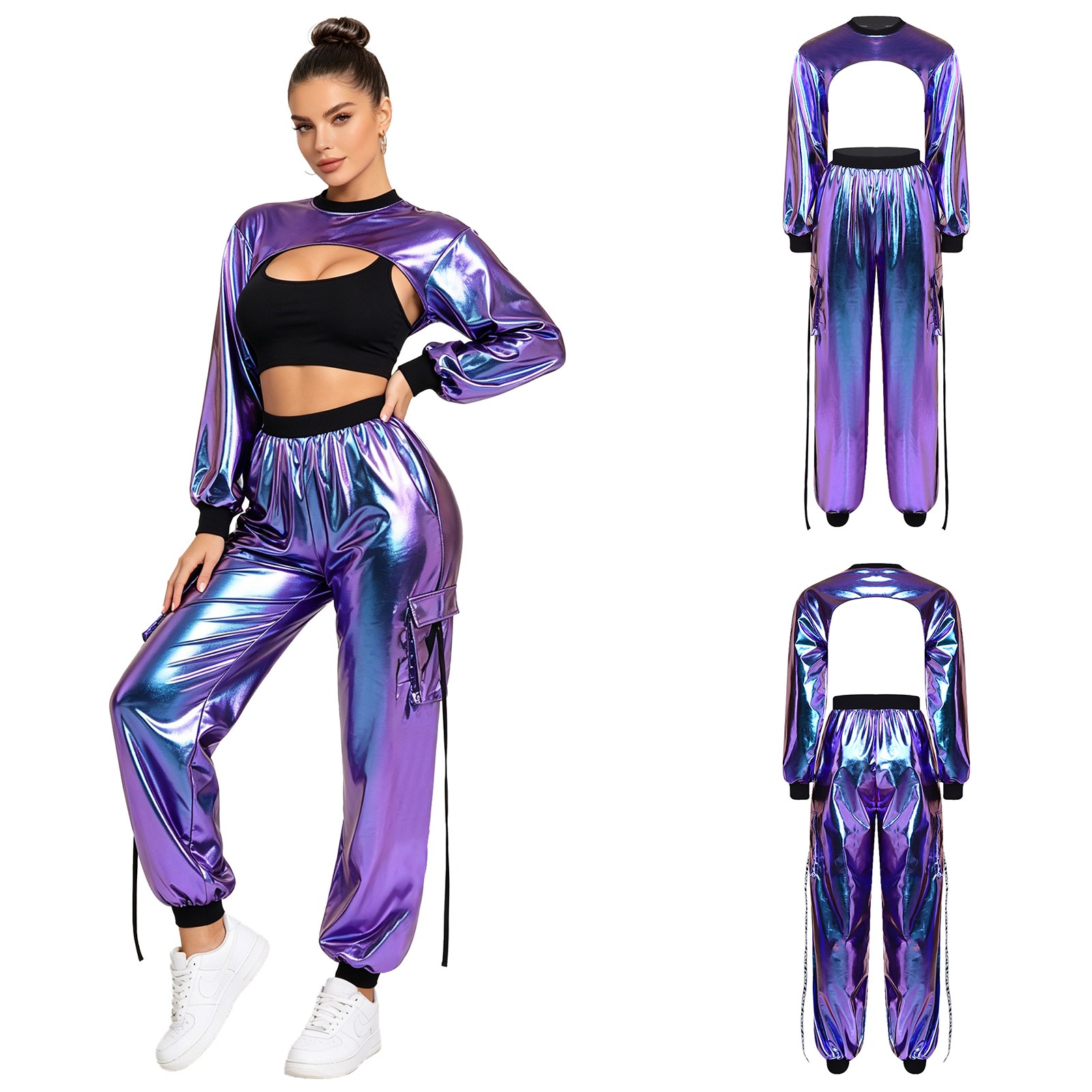 Women Tracksuit Carnivals Outfits Music Costumes Dancing Set Dating Metallic