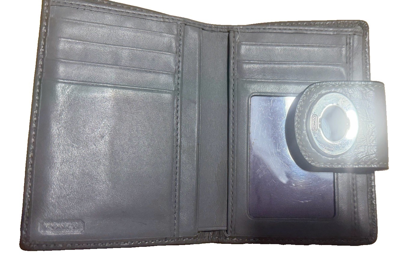 Coach Gray Signature Canvas Turnlock Wallet Checkbook Organizer Zip Coin Pocket