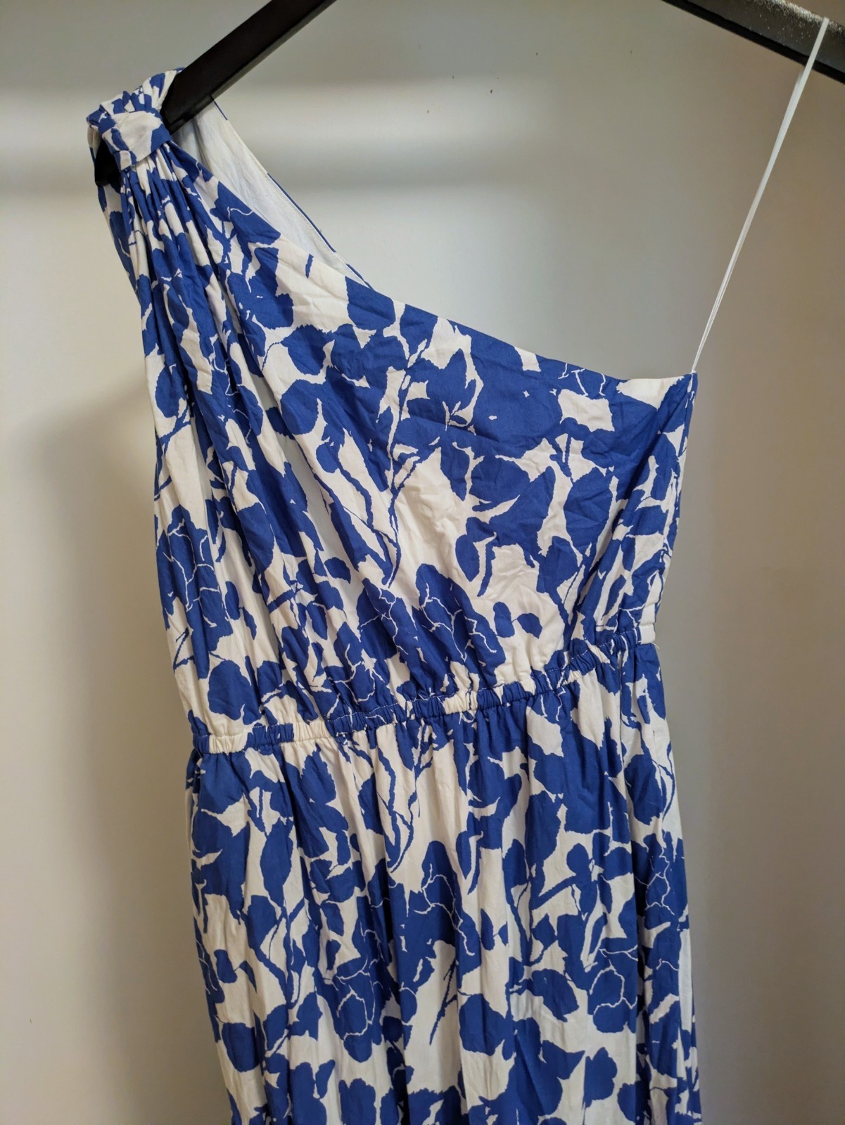Hyacinth House Blue White Floral One Shoulder Maxi Dress Ruffle Lined Cotton S