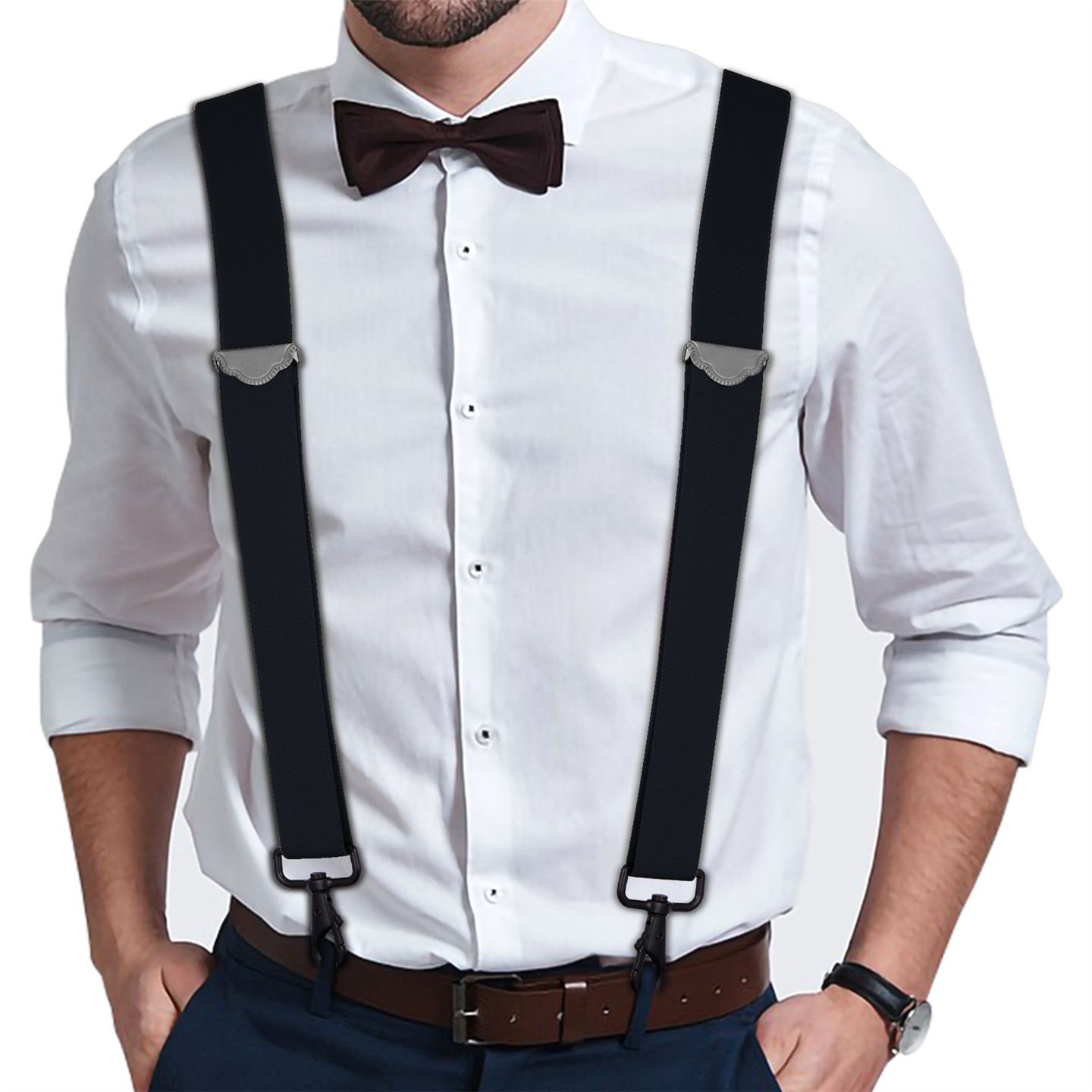 Buyless Fashion Suspenders for Men – 48″ Adjustable 1 1/4″ – X Back Black Hooks