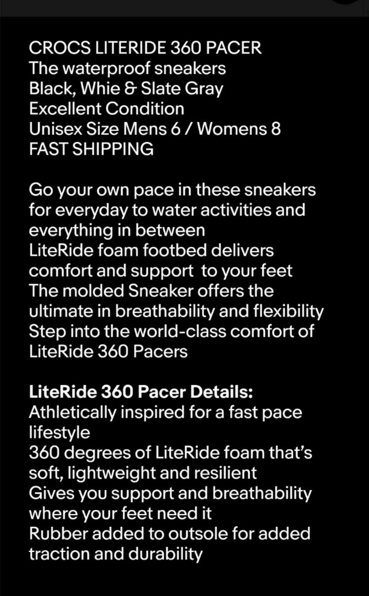 CROCS Shoes LiteRide 360 Pacer Slip On Sneakers Mens 6 Womens 8 Unisex Black