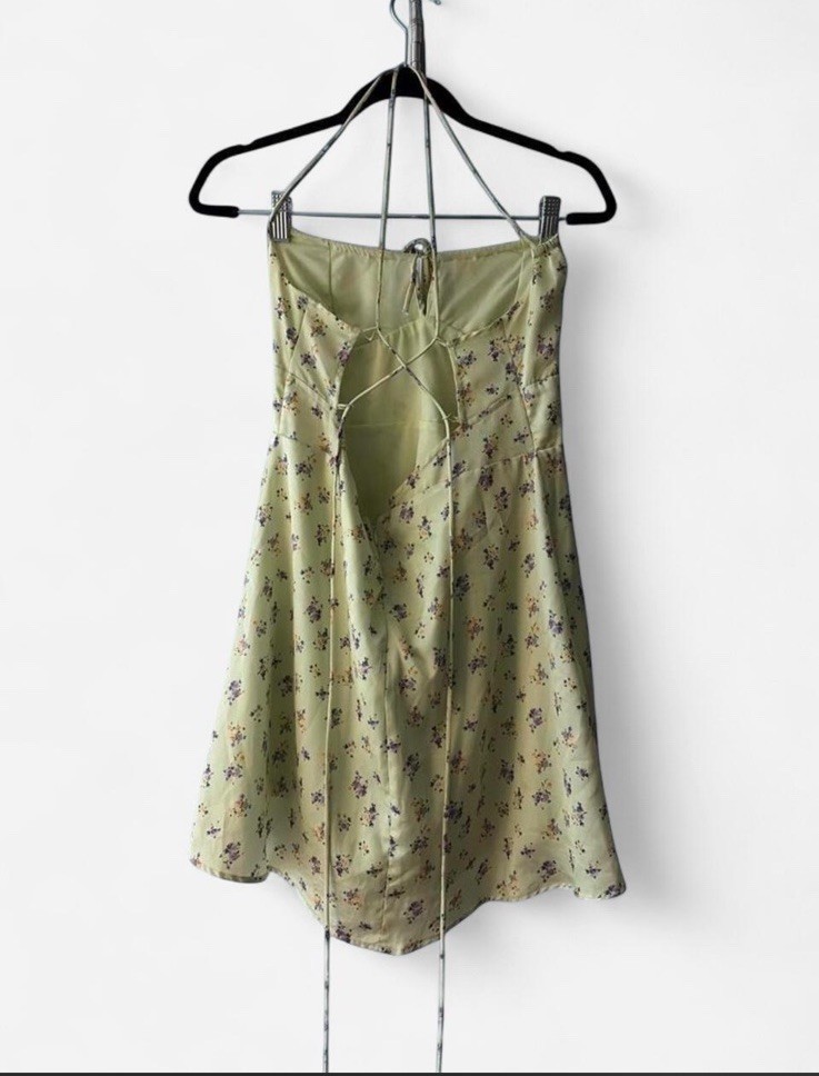 ginatricot Green/Purple Floral Sweetheart Strappy Lace-Up Back Mini Slip L
